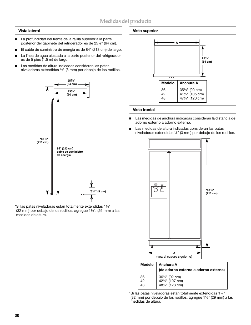 Medidas del producto | KITCHENAID 2309069A User Manual | Page 30 / 76