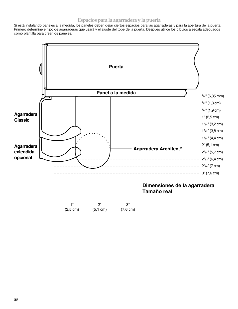 Espacios para la agarradera y la puerta, Dimensiones de la agarradera tamaño real, Puerta panel a la medida | KITCHENAID 2309069A User Manual | Page 32 / 76