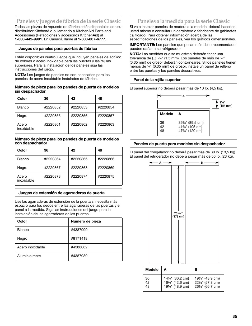 Paneles y juegos de fábrica de la serie classic, Paneles a la medida para la serie classic | KITCHENAID 2309069A User Manual | Page 35 / 76