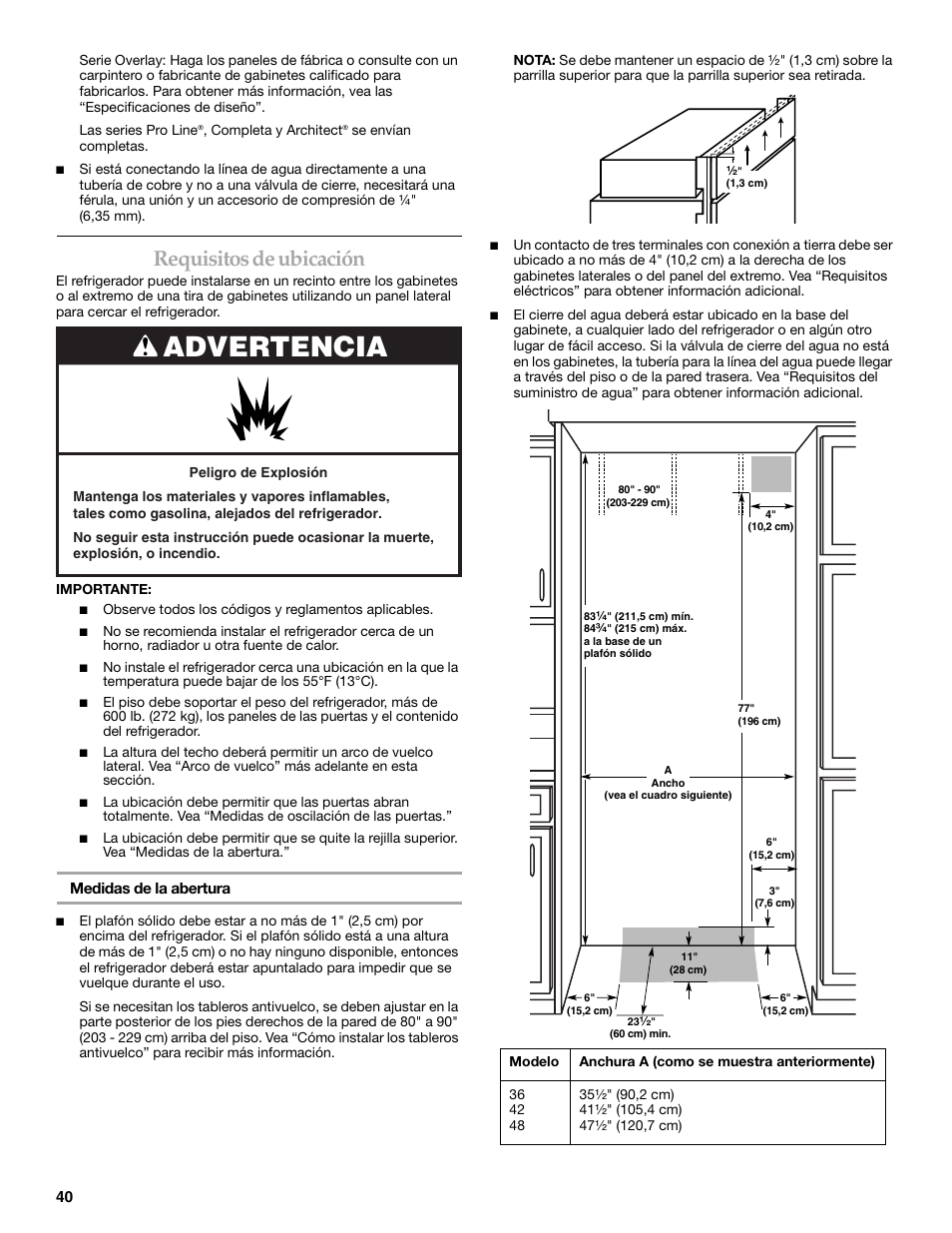 Advertencia, Requisitos de ubicación | KITCHENAID 2309069A User Manual | Page 40 / 76