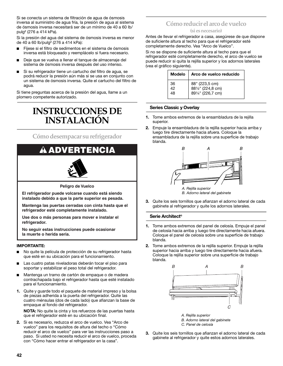 Instrucciones de instalacion, Instrucciones de instalación, Advertencia | Cómo desempacar su refrigerador, Cómo reducir el arco de vuelco | KITCHENAID 2309069A User Manual | Page 42 / 76