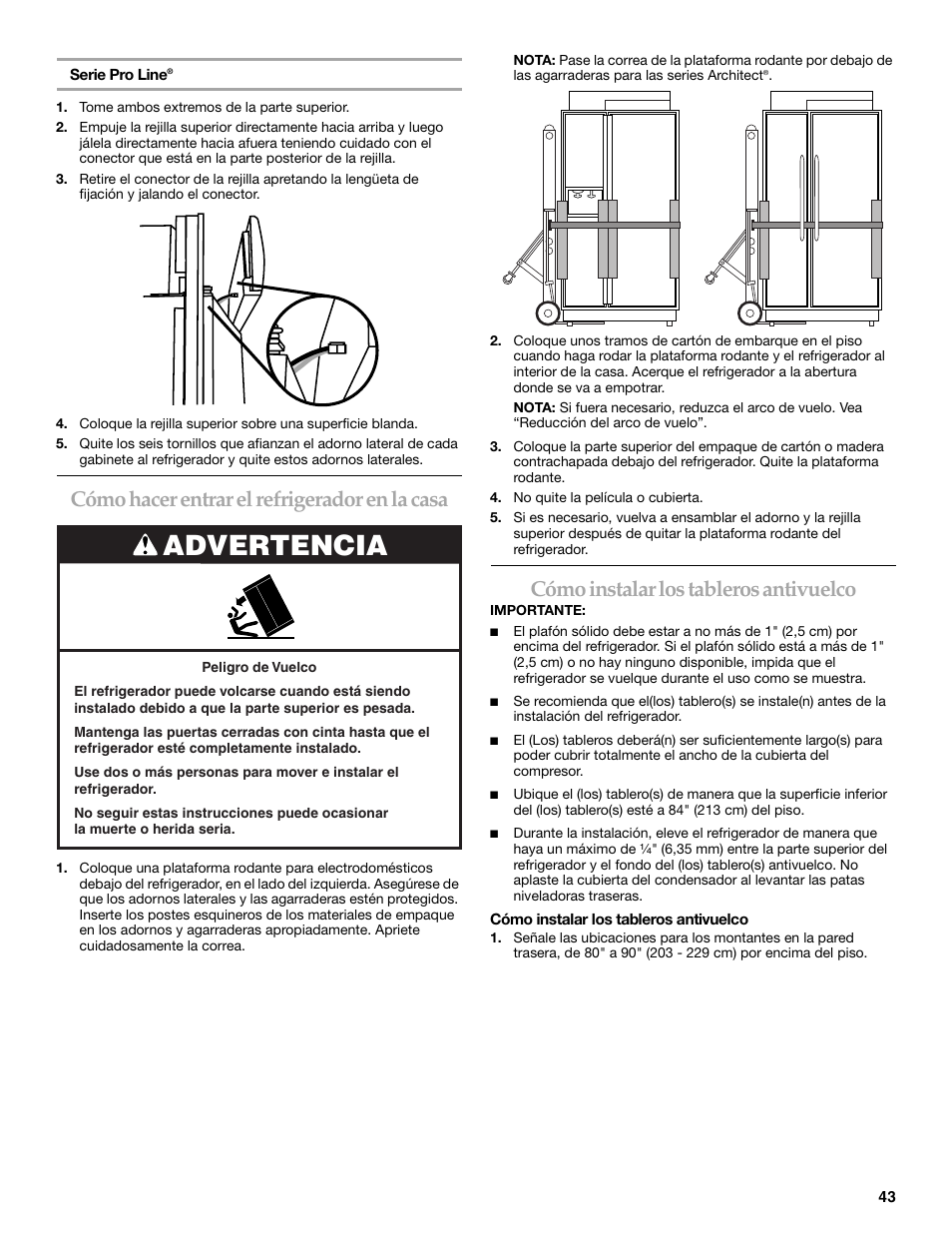 Advertencia, Cómo hacer entrar el refrigerador en la casa, Cómo instalar los tableros antivuelco | KITCHENAID 2309069A User Manual | Page 43 / 76