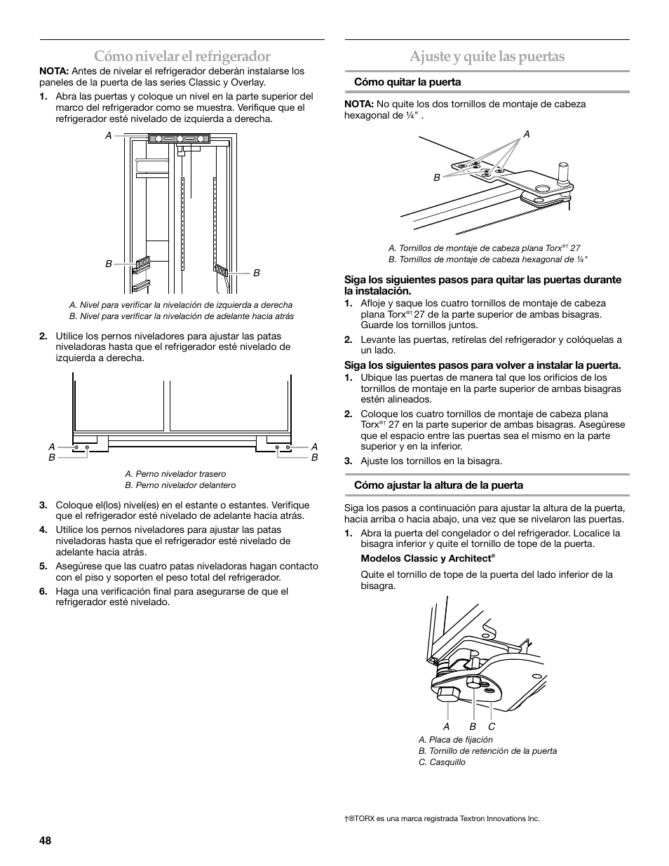 Cómo nivelar el refrigerador, Ajuste y quite las puertas | KITCHENAID 2309069A User Manual | Page 48 / 76