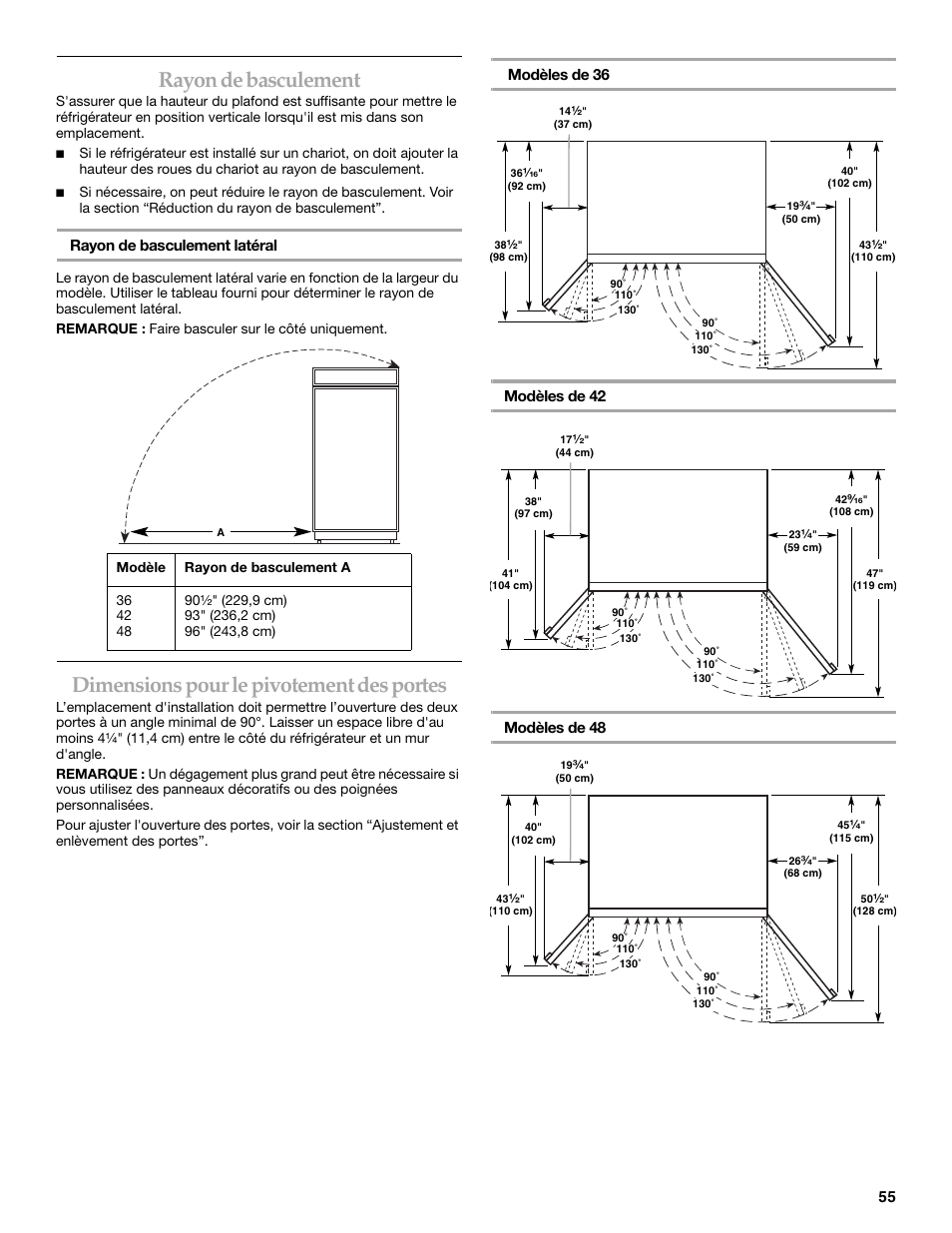 Rayon de basculement, Dimensions pour le pivotement des portes, Rayon de basculement latéral | KITCHENAID 2309069A User Manual | Page 55 / 76