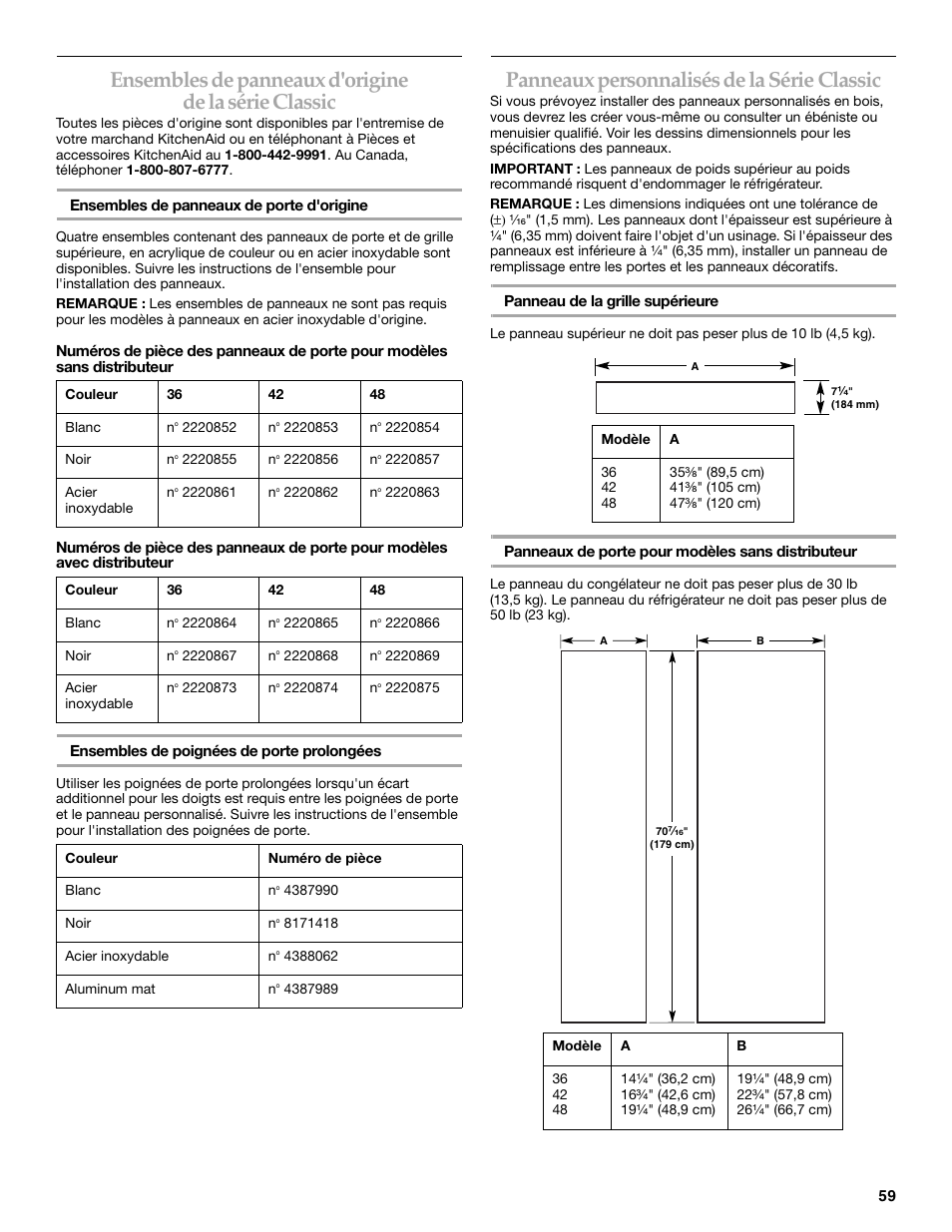 Panneaux personnalisés de la série classic | KITCHENAID 2309069A User Manual | Page 59 / 76