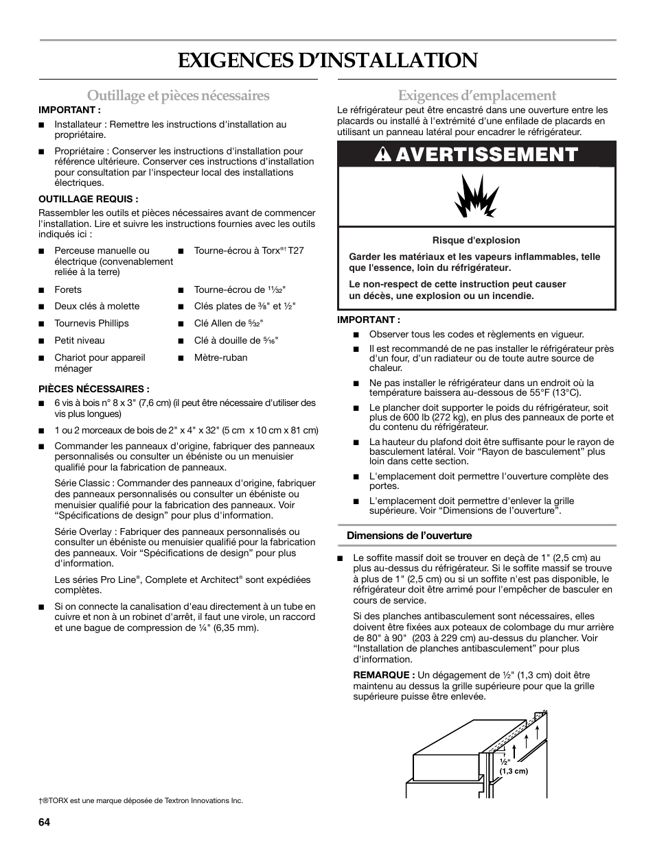 Exigences d’installation, Avertissement, Outillage et pièces nécessaires | Exigences d’emplacement | KITCHENAID 2309069A User Manual | Page 64 / 76