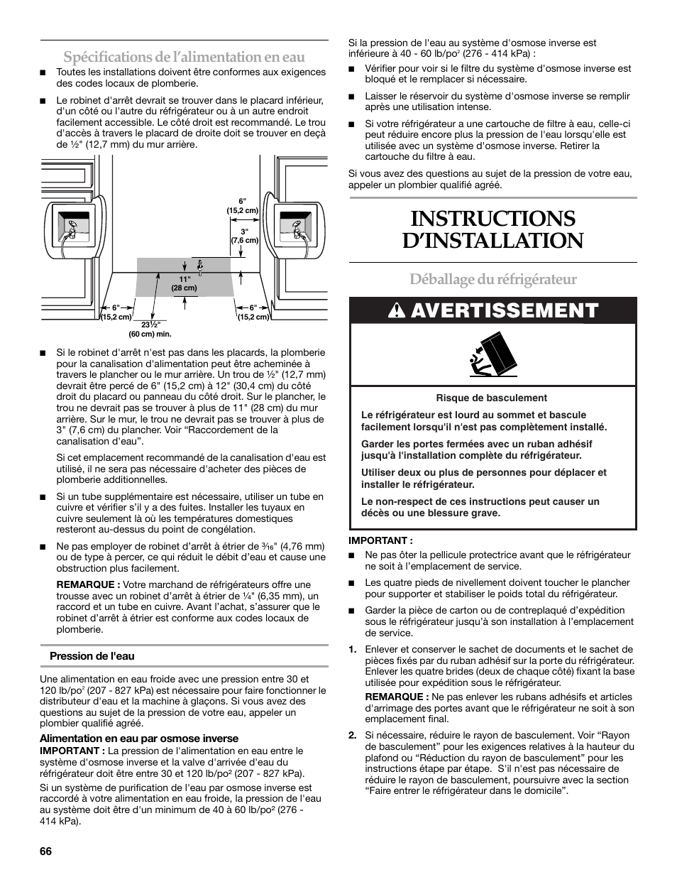 Instructions d'installation, Instructions d’installation, Avertissement | Spécifications de l’alimentation en eau, Déballage du réfrigérateur | KITCHENAID 2309069A User Manual | Page 66 / 76