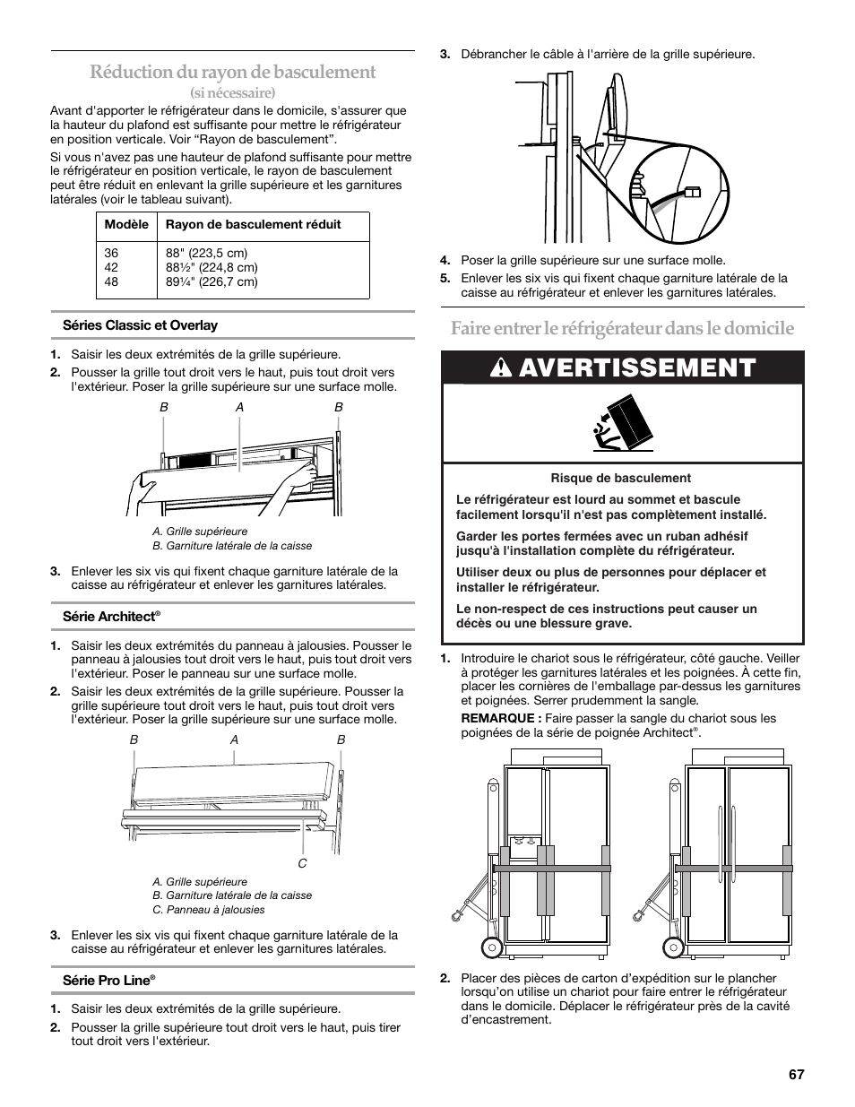 Avertissement, Réduction du rayon de basculement, Faire entrer le réfrigérateur dans le domicile | KITCHENAID 2309069A User Manual | Page 67 / 76