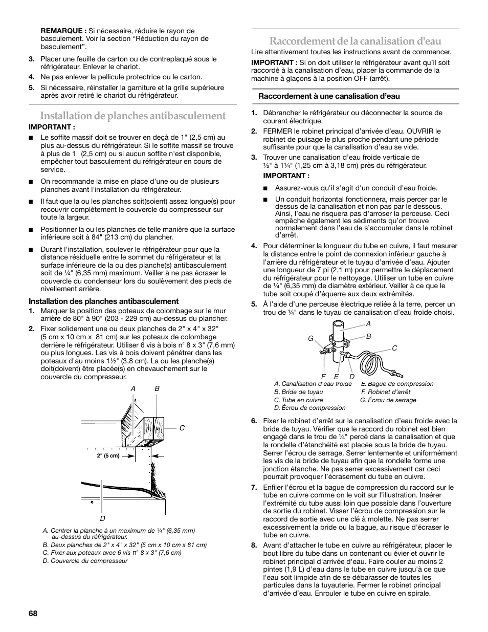 Installation de planches antibasculement, Raccordement de la canalisation d'eau | KITCHENAID 2309069A User Manual | Page 68 / 76