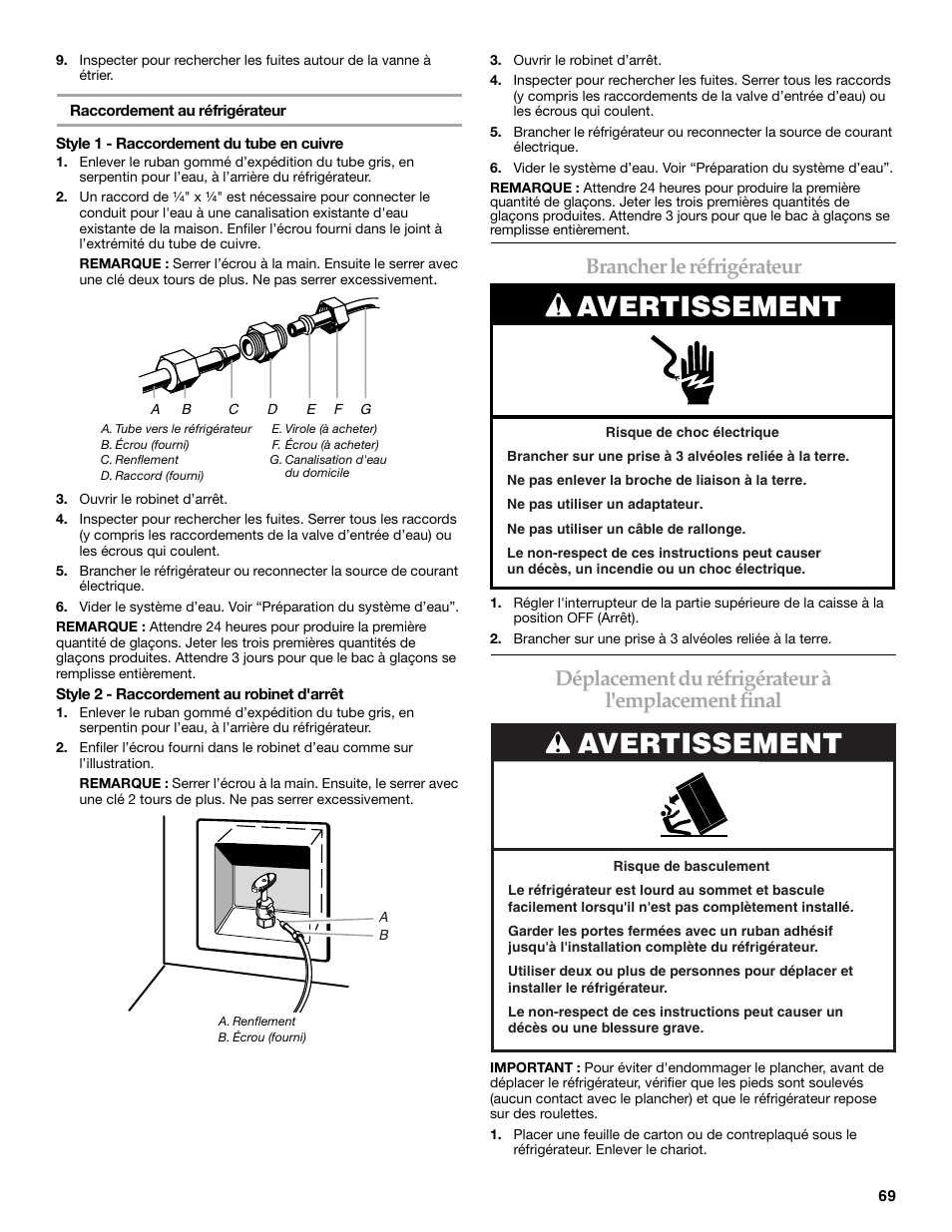 Avertissement, Brancher le réfrigérateur, Déplacement du réfrigérateur à l'emplacement final | KITCHENAID 2309069A User Manual | Page 69 / 76