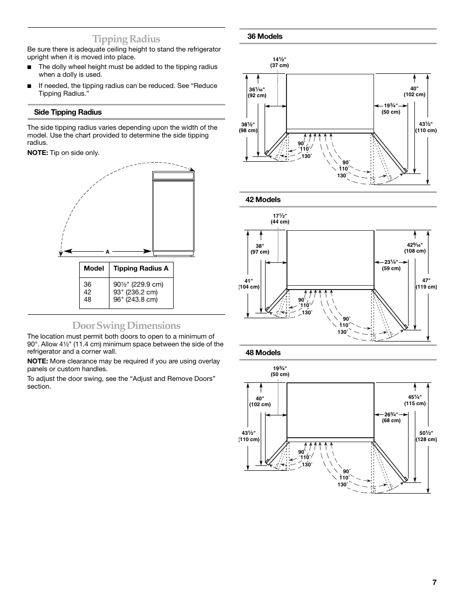 Tipping radius, Door swing dimensions, Side tipping radius | KITCHENAID 2309069A User Manual | Page 7 / 76