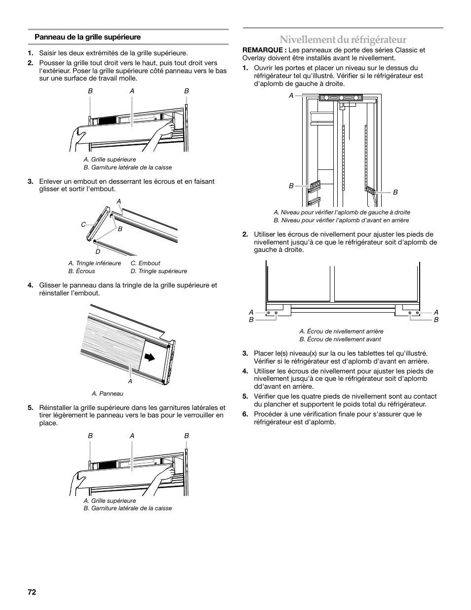 Nivellement du réfrigérateur | KITCHENAID 2309069A User Manual | Page 72 / 76