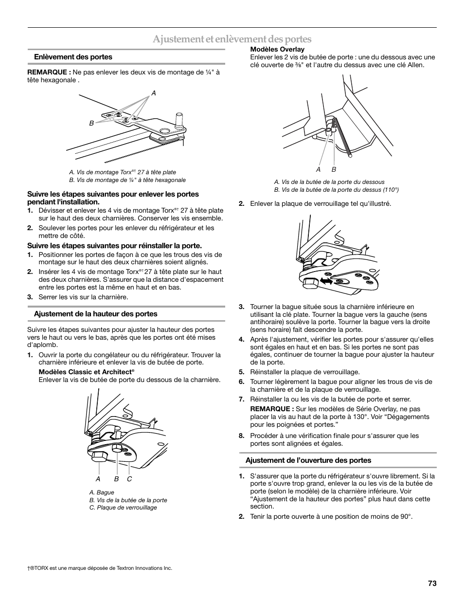 Ajustement et enlèvement des portes | KITCHENAID 2309069A User Manual | Page 73 / 76