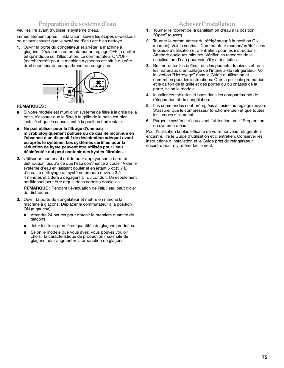Préparation du système d’eau, Achever l’installation | KITCHENAID 2309069A User Manual | Page 75 / 76
