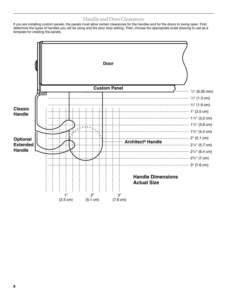 Handle and door clearances, Handle dimensions actual size, Door custom panel | Classic handle optional extended handle architect, Handle | KITCHENAID 2309069A User Manual | Page 8 / 76