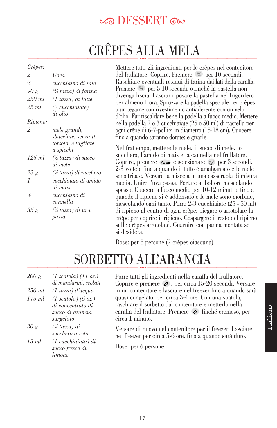 Sorbetto all’arancia, Crêpes alla mela, Ķ dessert ĸ | KITCHENAID ULTRA POWER 5KSB52XXXX User Manual | Page 103 / 255