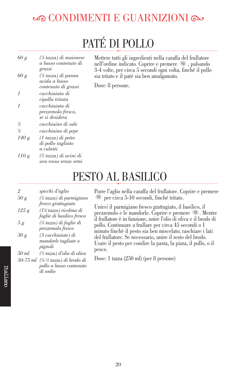 Pesto al basilico, Paté di pollo, Ķ condimenti e guarnizioni ĸ | Italiano | KITCHENAID ULTRA POWER 5KSB52XXXX User Manual | Page 106 / 255