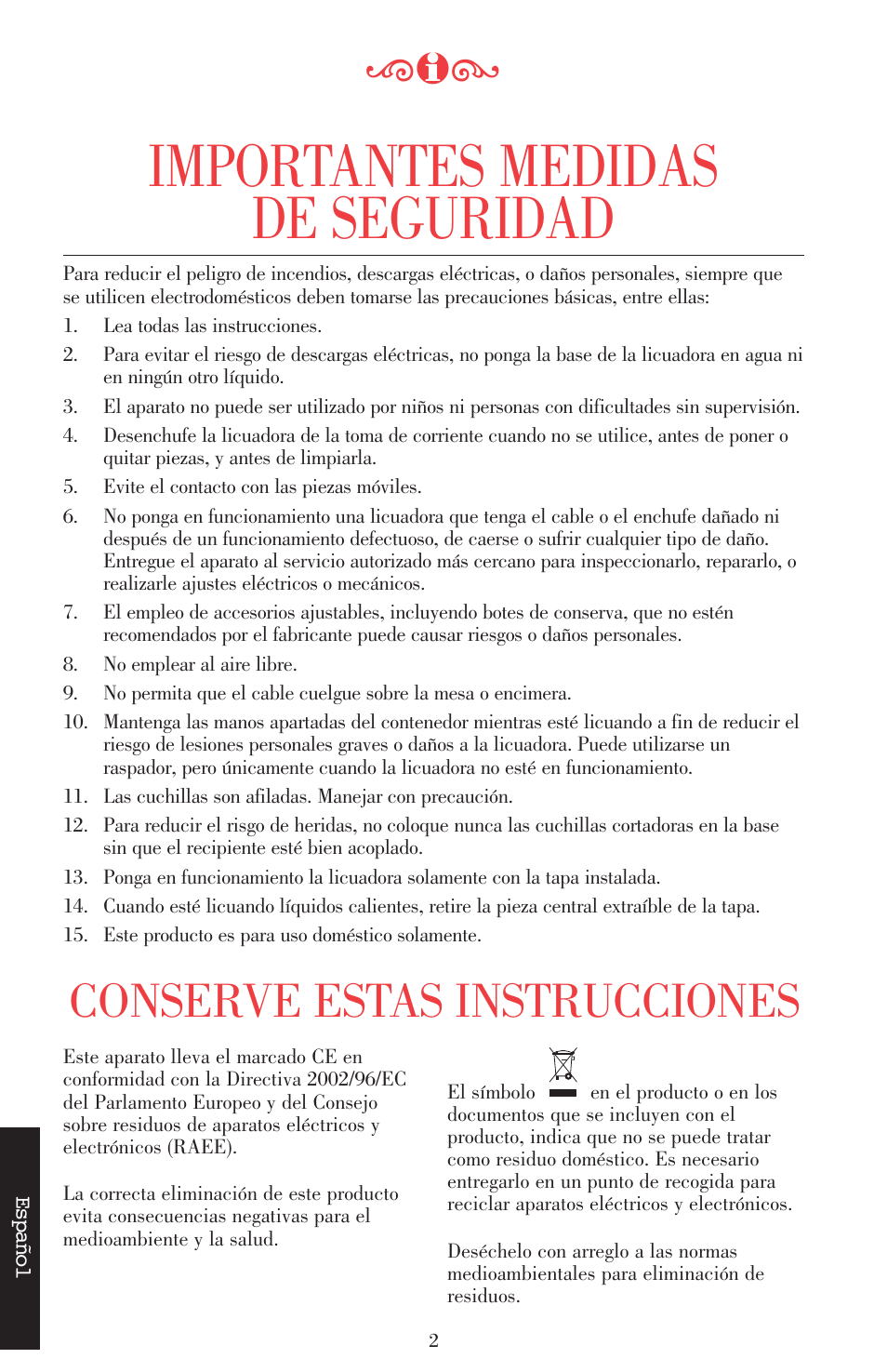 Importantes medidas de seguridad, Conserve estas instrucciones | KITCHENAID ULTRA POWER 5KSB52XXXX User Manual | Page 109 / 255