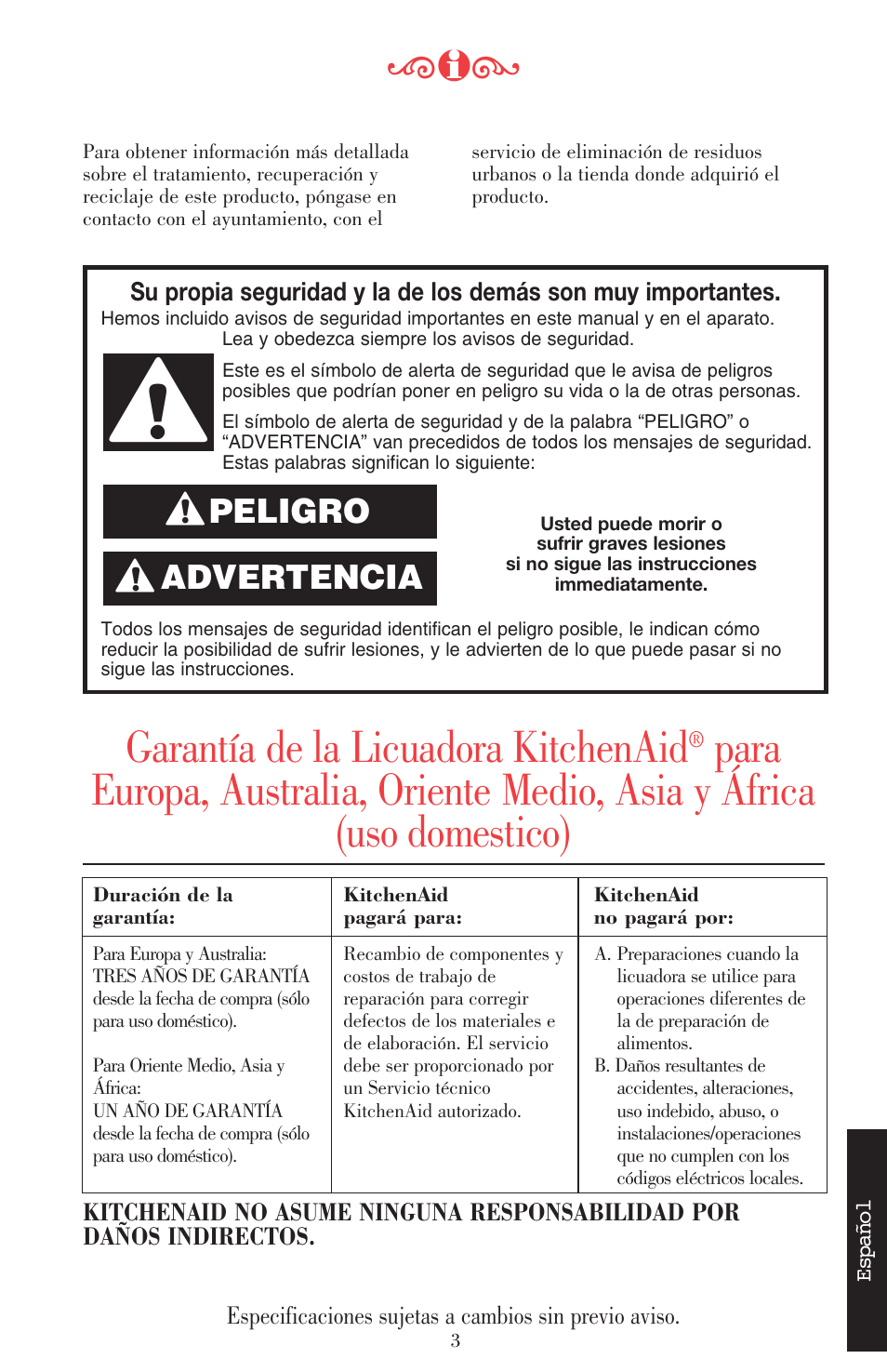 Garantía de la licuadora kitchenaid, Advertencia, Peligro | KITCHENAID ULTRA POWER 5KSB52XXXX User Manual | Page 110 / 255