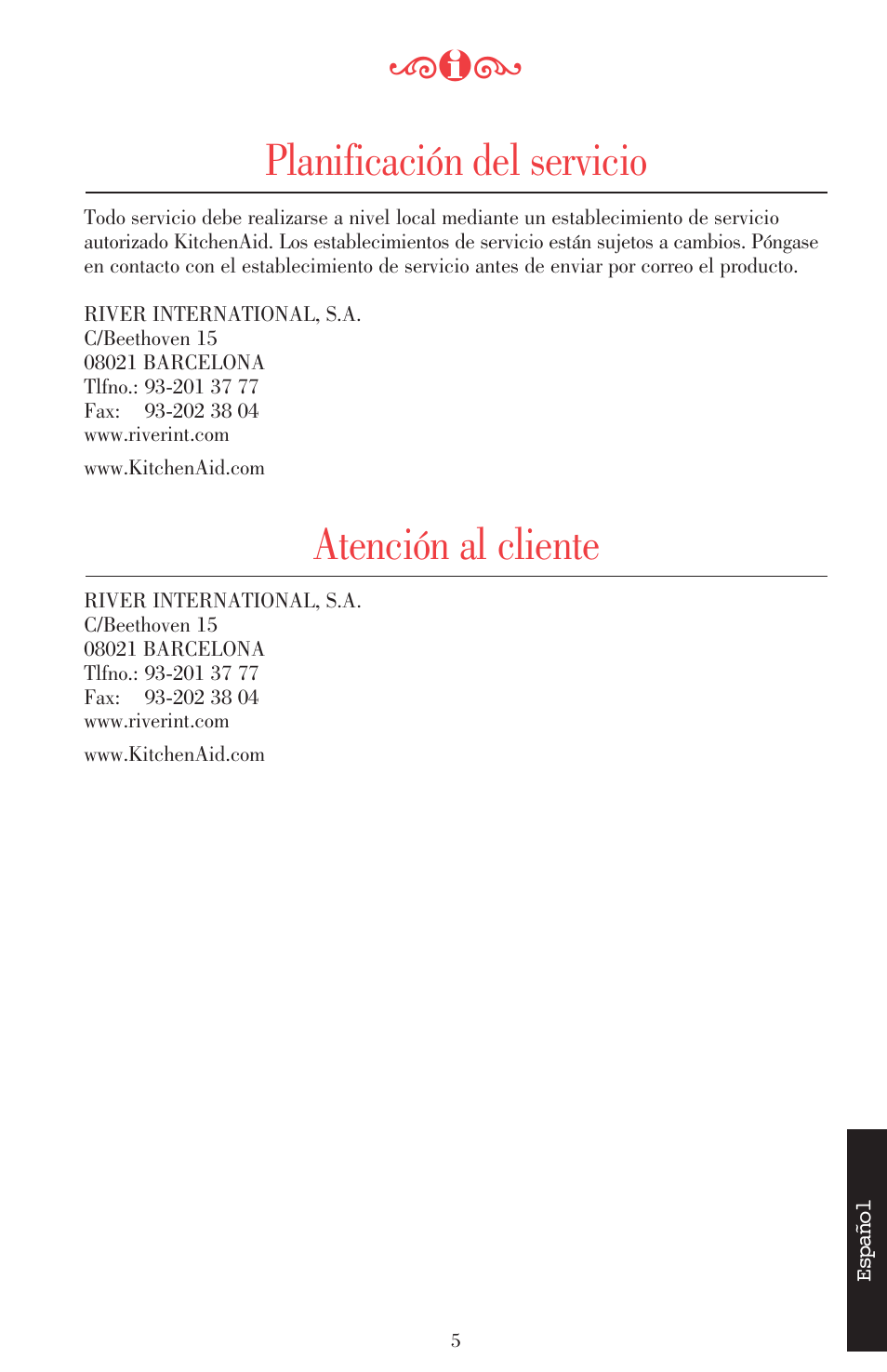 Planificación del servicio, Atención al cliente | KITCHENAID ULTRA POWER 5KSB52XXXX User Manual | Page 112 / 255