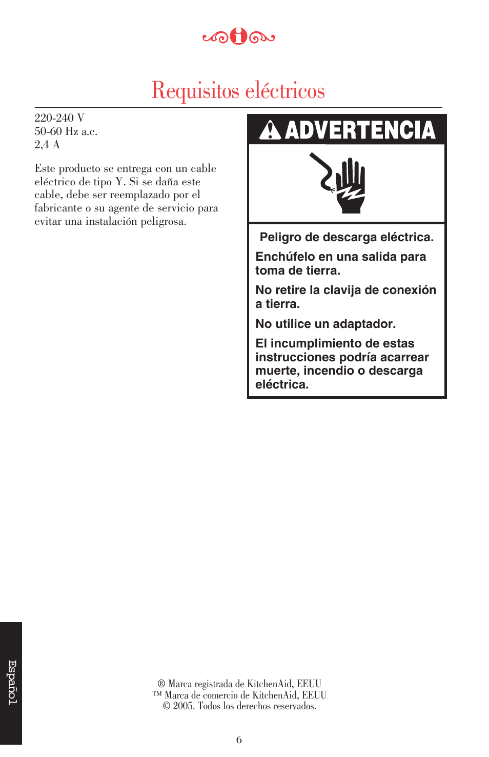 Requisitos eléctricos | KITCHENAID ULTRA POWER 5KSB52XXXX User Manual | Page 113 / 255