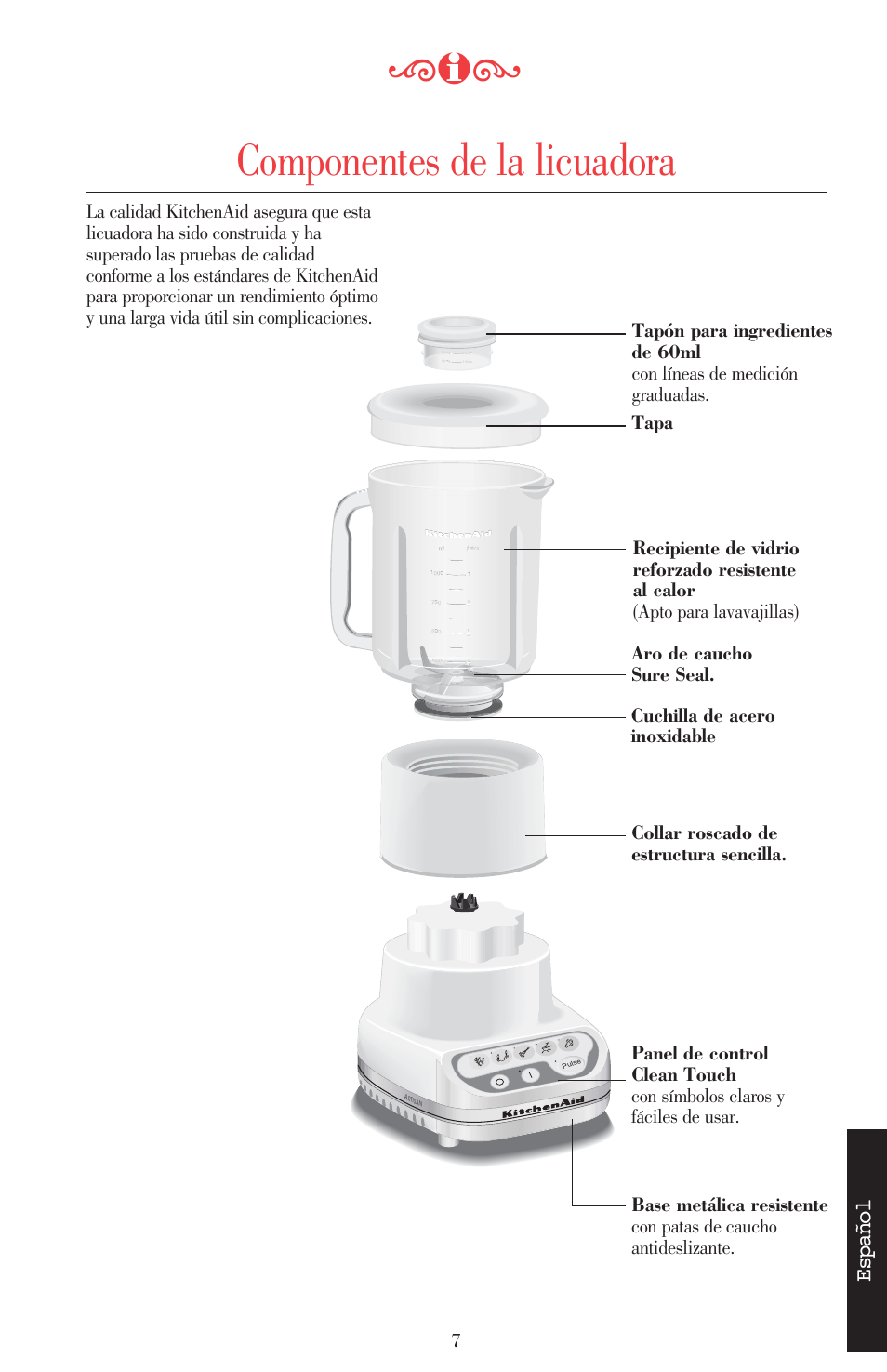 Componentes de la licuadora, Español | KITCHENAID ULTRA POWER 5KSB52XXXX User Manual | Page 114 / 255