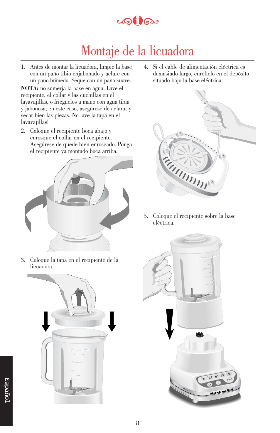 Montaje de la licuadora, Español | KITCHENAID ULTRA POWER 5KSB52XXXX User Manual | Page 115 / 255