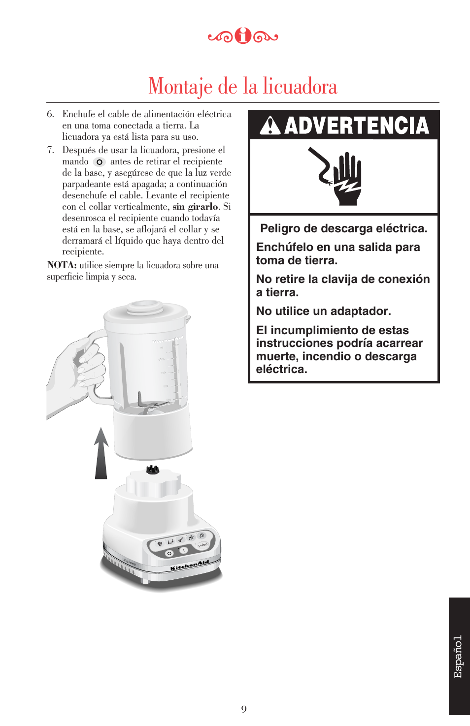 Montaje de la licuadora, Español | KITCHENAID ULTRA POWER 5KSB52XXXX User Manual | Page 116 / 255