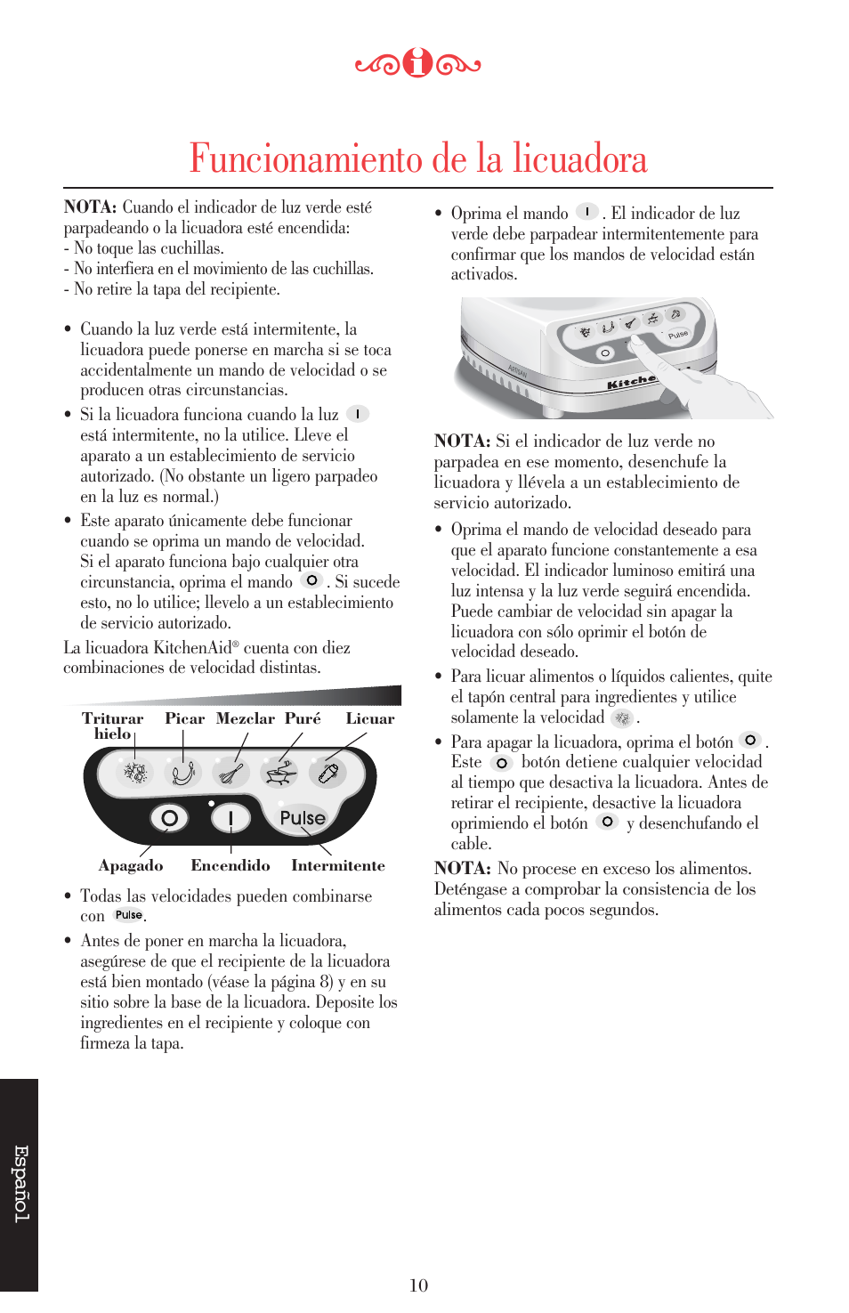 Funcionamiento de la licuadora, Español | KITCHENAID ULTRA POWER 5KSB52XXXX User Manual | Page 117 / 255