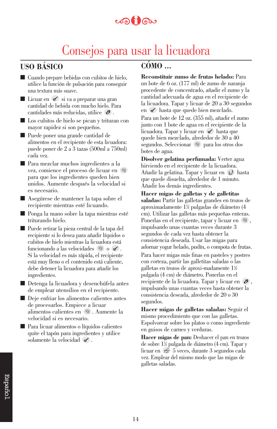 Consejos para usar la licuadora, Uso básico, Cómo | KITCHENAID ULTRA POWER 5KSB52XXXX User Manual | Page 121 / 255