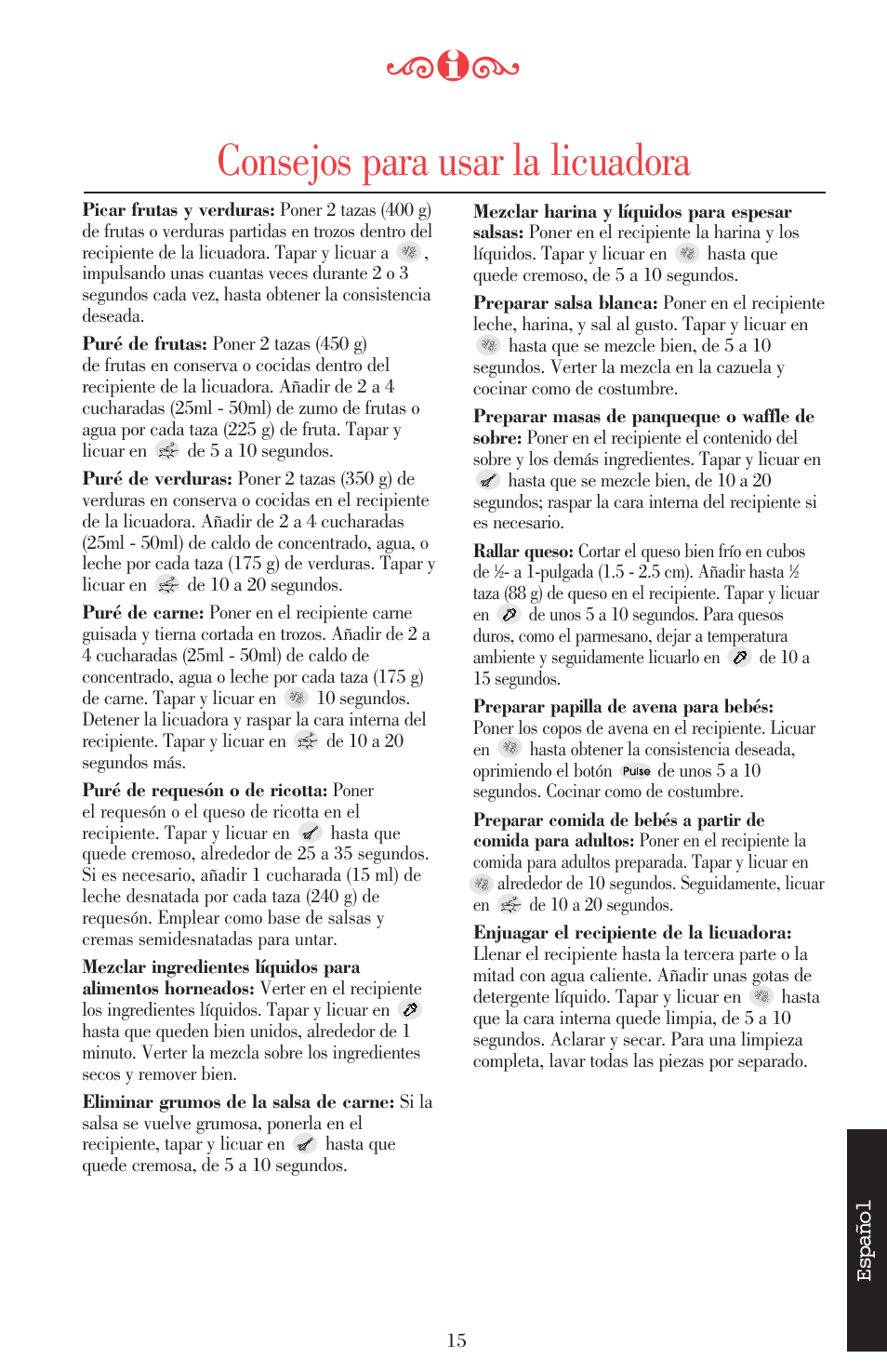 Consejos para usar la licuadora | KITCHENAID ULTRA POWER 5KSB52XXXX User Manual | Page 122 / 255