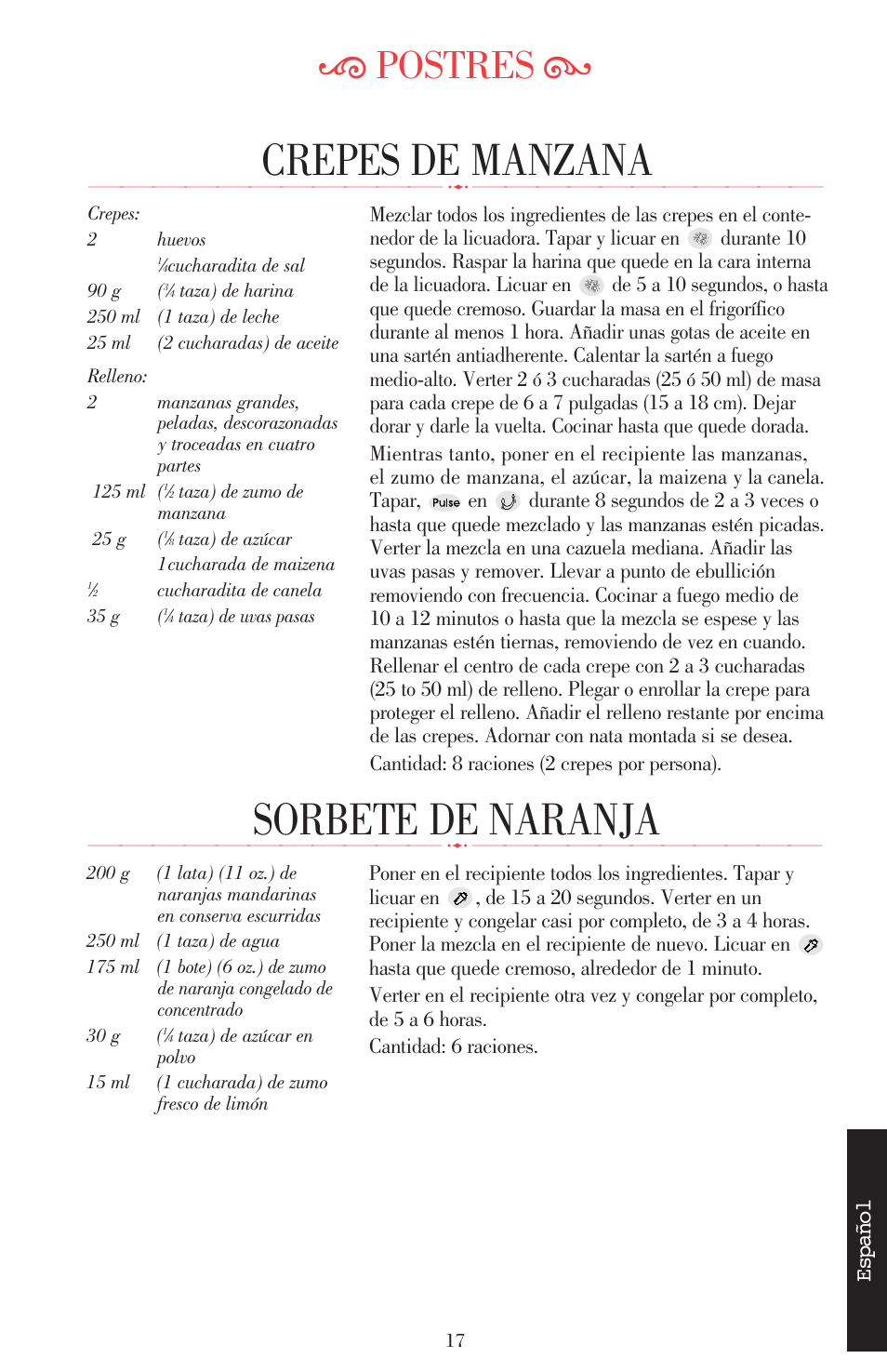 Sorbete de naranja, Crepes de manzana, Ķ postres ĸ | KITCHENAID ULTRA POWER 5KSB52XXXX User Manual | Page 124 / 255