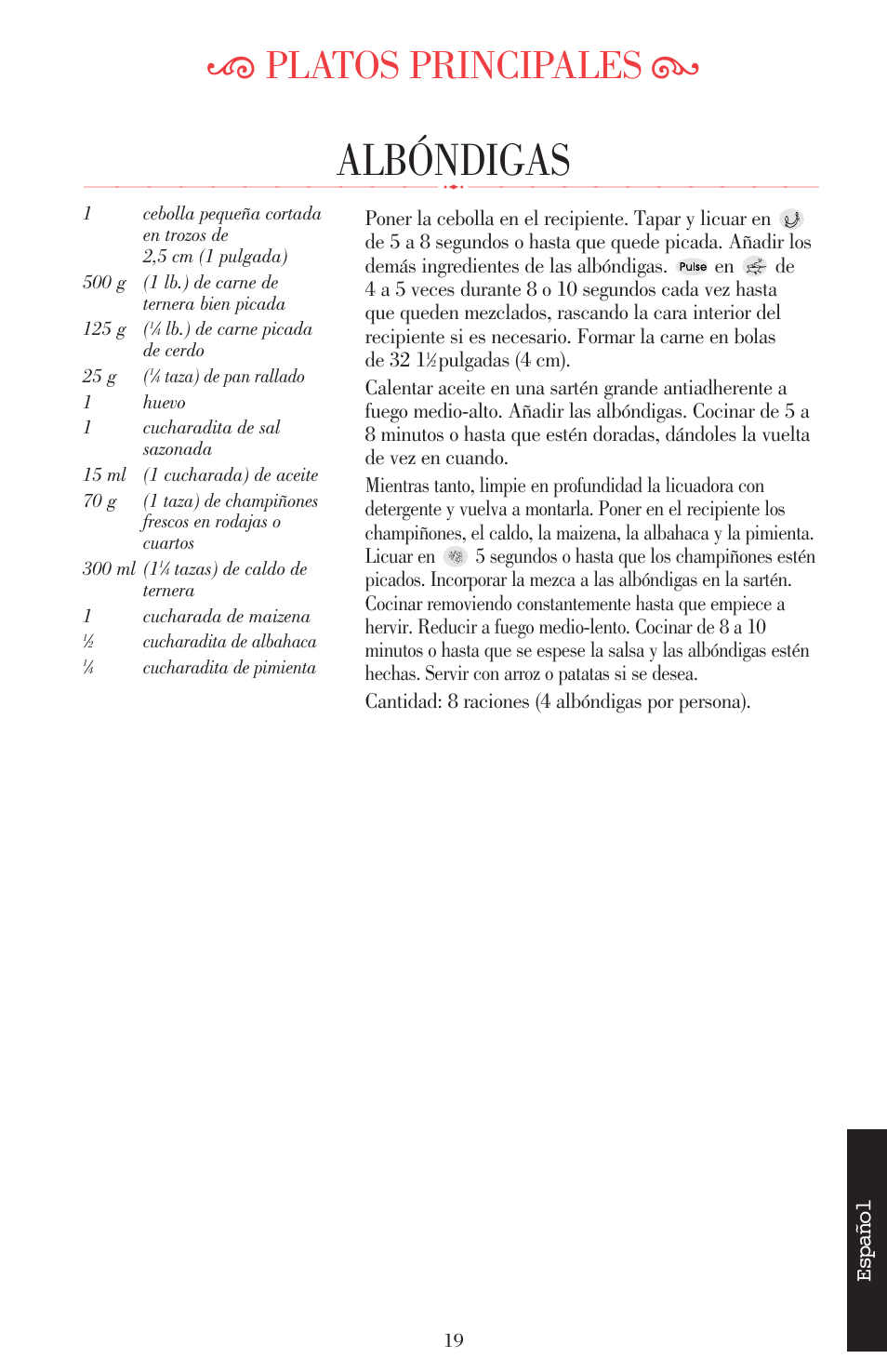 Albóndigas, Ķ platos principales ĸ, Español | KITCHENAID ULTRA POWER 5KSB52XXXX User Manual | Page 126 / 255