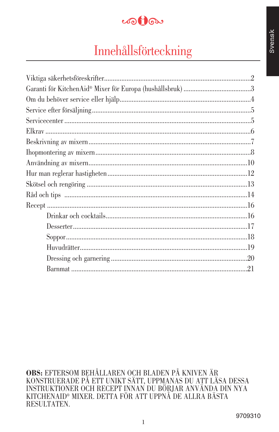 Innehållsförteckning | KITCHENAID ULTRA POWER 5KSB52XXXX User Manual | Page 129 / 255