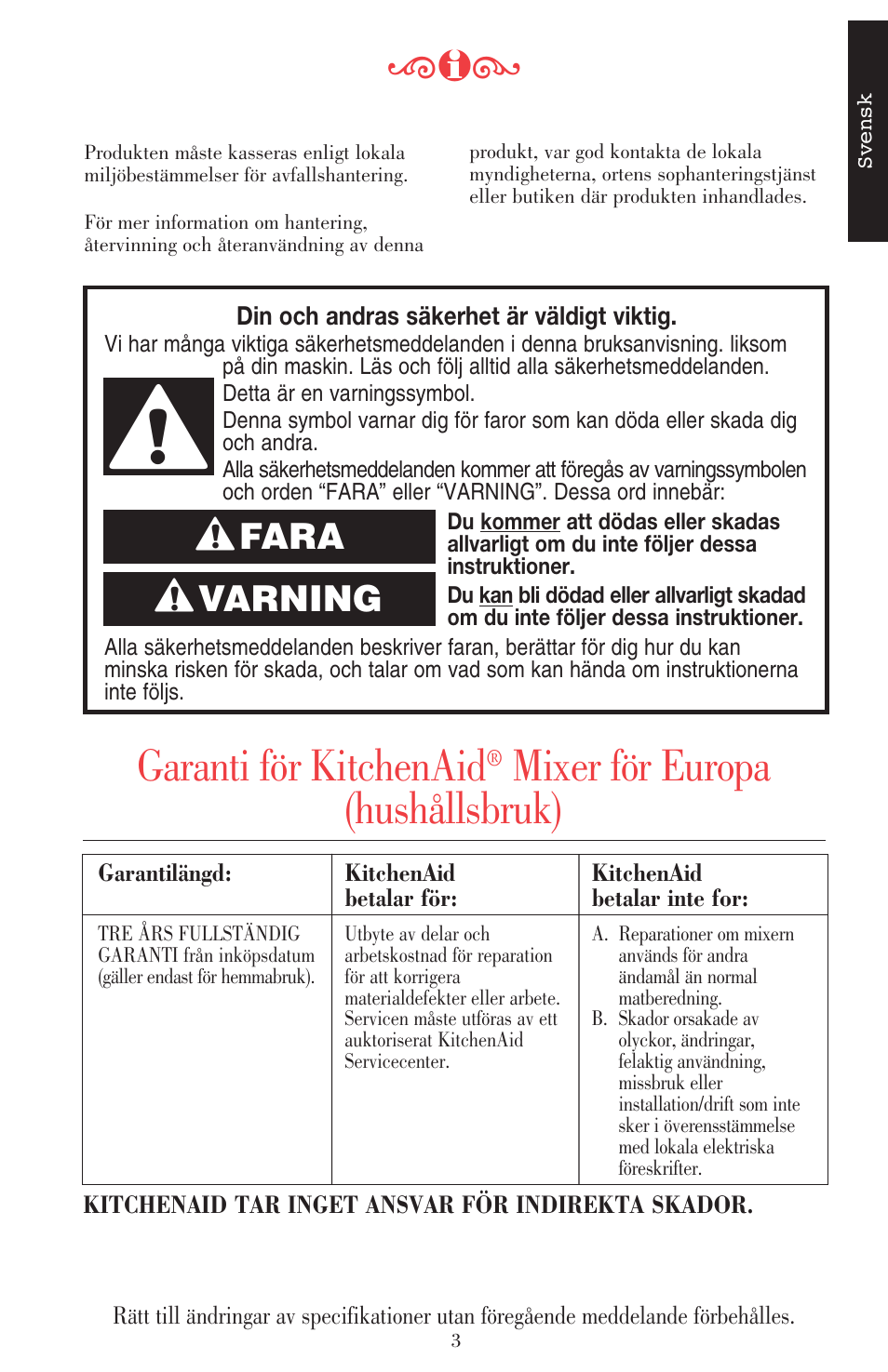 Garanti för kitchenaid, Mixer för europa (hushållsbruk), Varning | Fara | KITCHENAID ULTRA POWER 5KSB52XXXX User Manual | Page 131 / 255