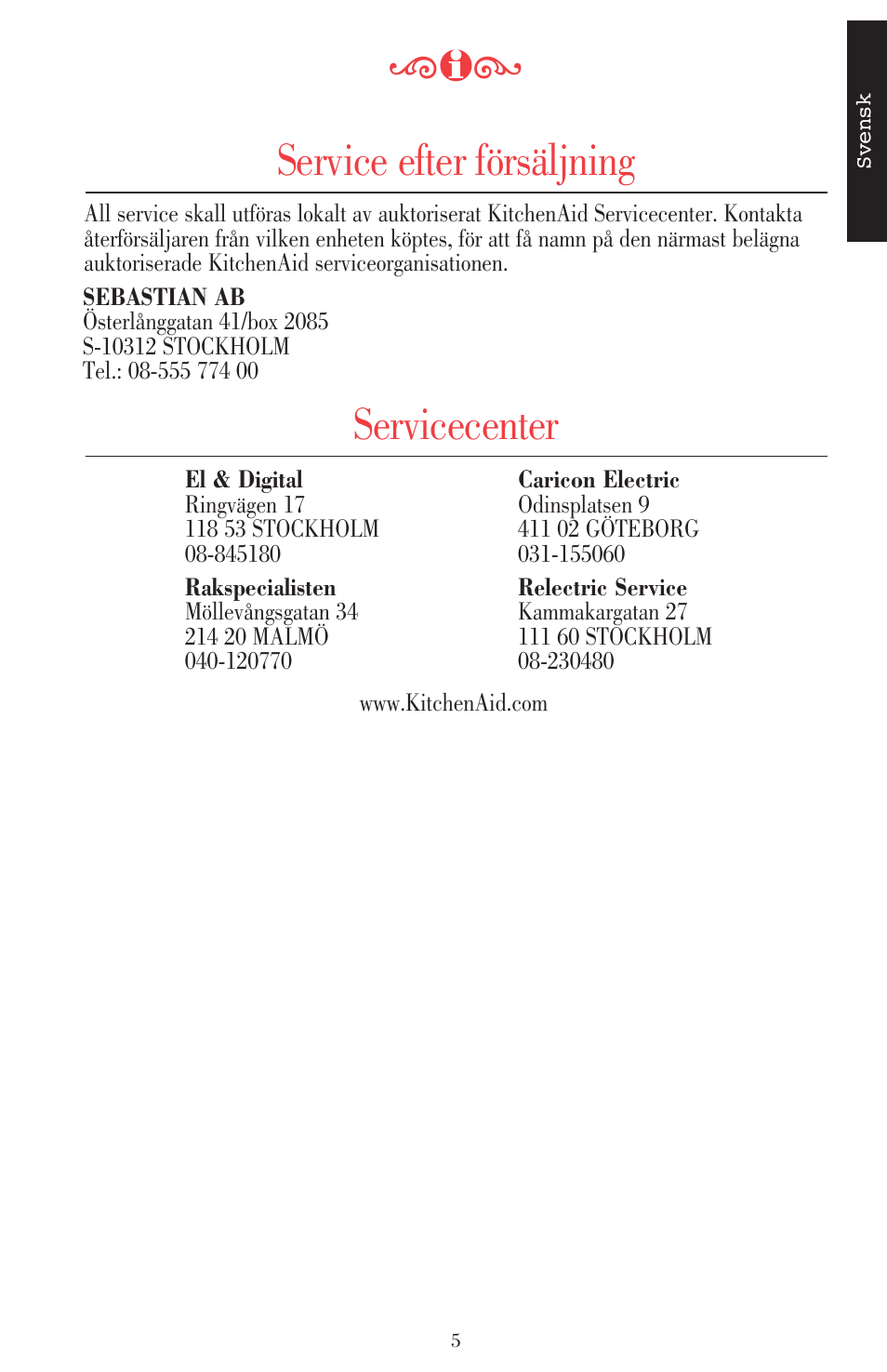 Service efter försäljning, Servicecenter | KITCHENAID ULTRA POWER 5KSB52XXXX User Manual | Page 133 / 255