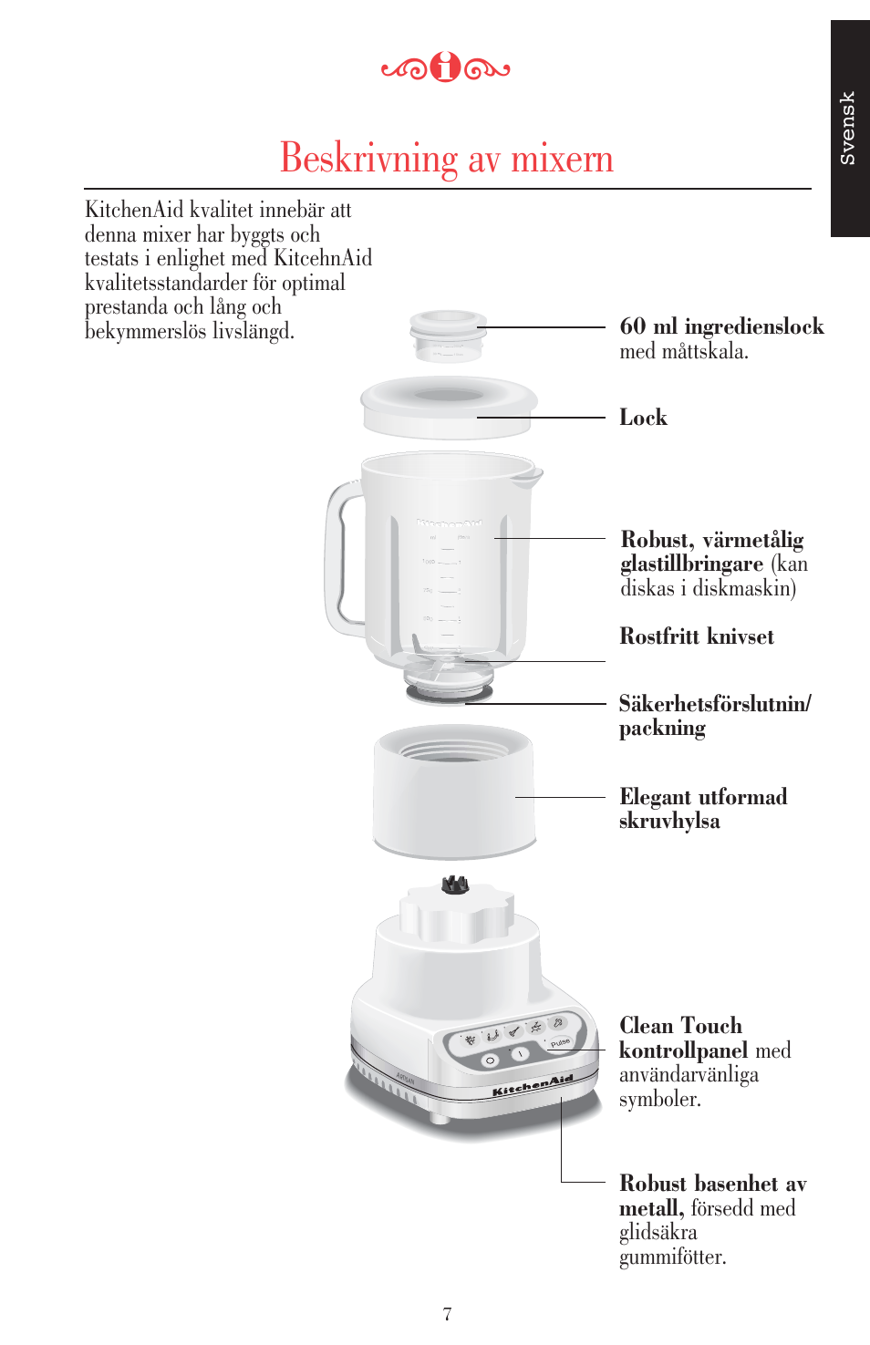 Beskrivning av mixern, Svensk | KITCHENAID ULTRA POWER 5KSB52XXXX User Manual | Page 135 / 255