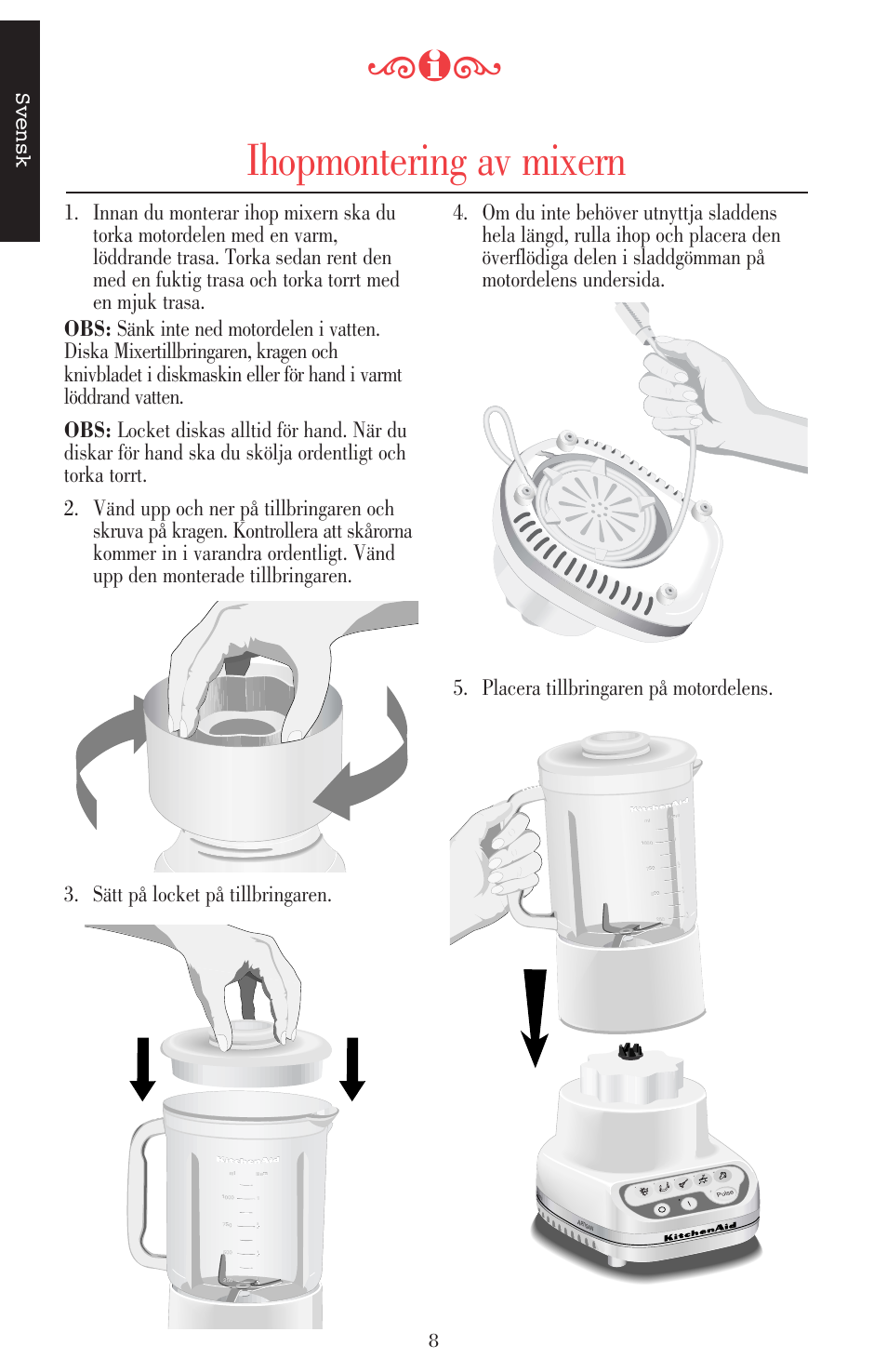 Ihopmontering av mixern, Svensk | KITCHENAID ULTRA POWER 5KSB52XXXX User Manual | Page 136 / 255
