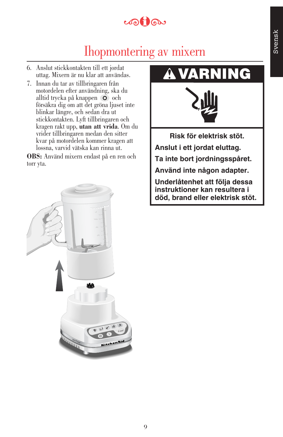 Ihopmontering av mixern, Svensk | KITCHENAID ULTRA POWER 5KSB52XXXX User Manual | Page 137 / 255