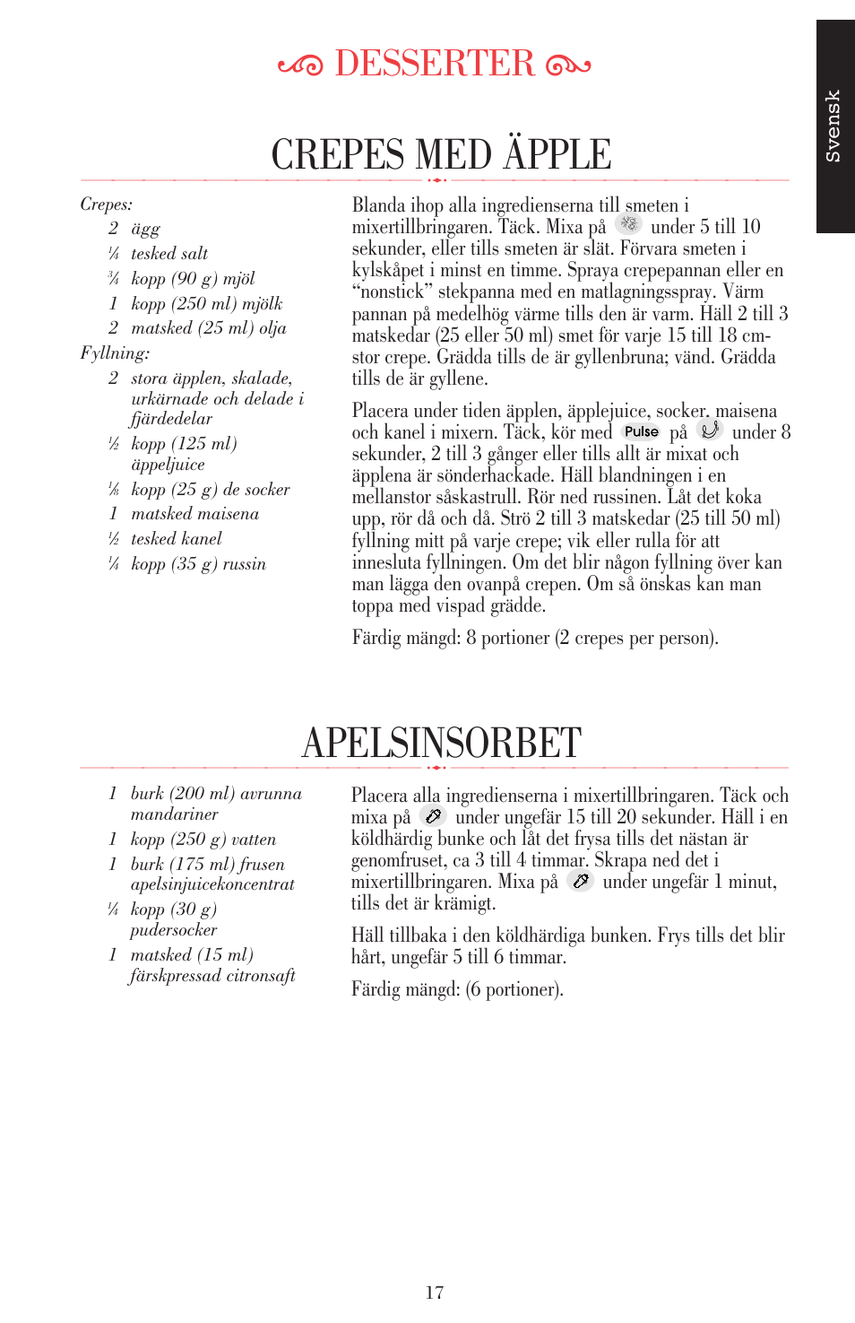 Apelsinsorbet, Crepes med äpple, Ķ desserter ĸ | KITCHENAID ULTRA POWER 5KSB52XXXX User Manual | Page 145 / 255