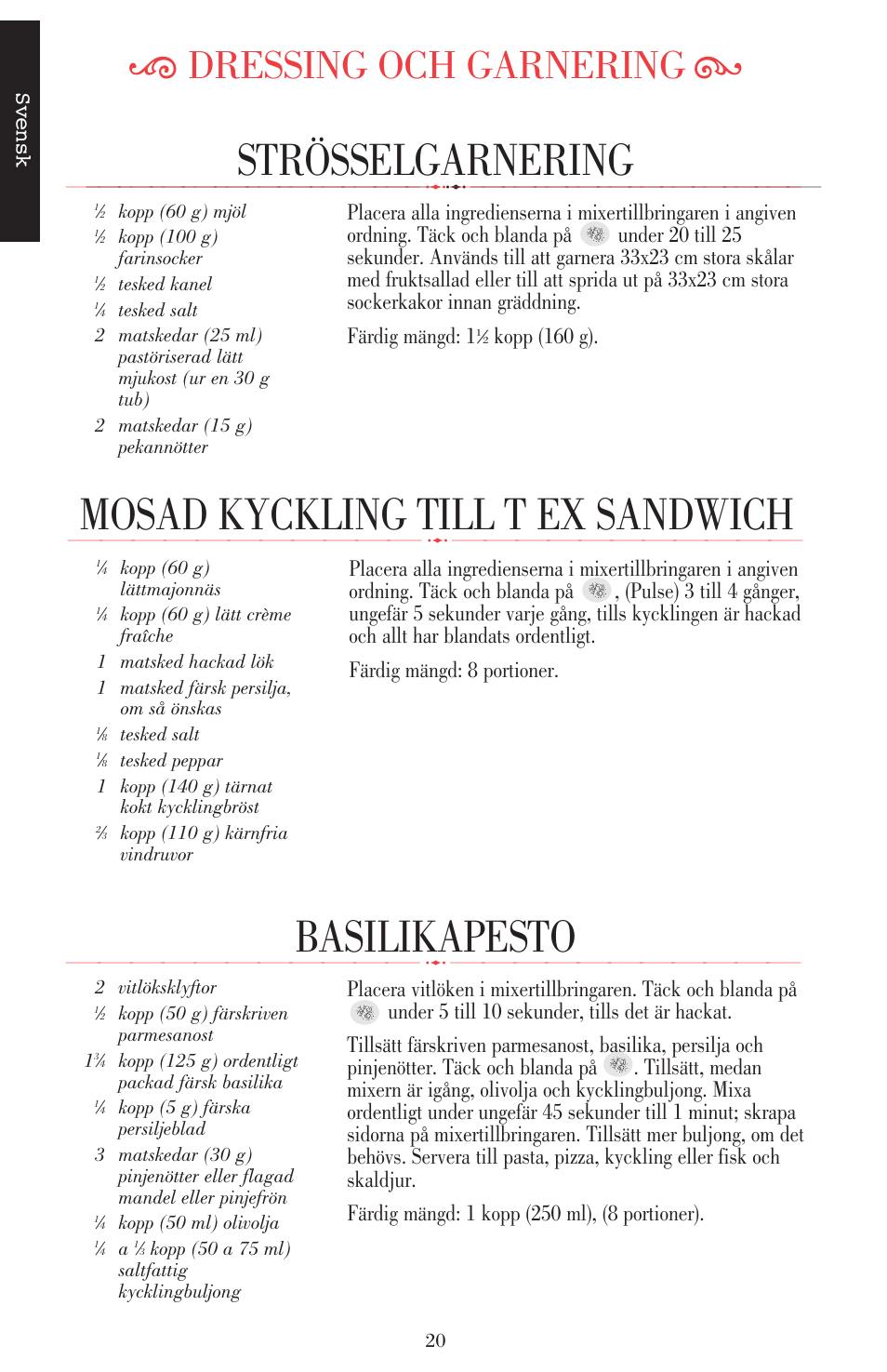 Mosad kyckling till t ex sandwich, Strösselgarnering, Basilikapesto | Ķ dressing och garnering ĸ, Svensk, Kopp (160 g) | KITCHENAID ULTRA POWER 5KSB52XXXX User Manual | Page 148 / 255