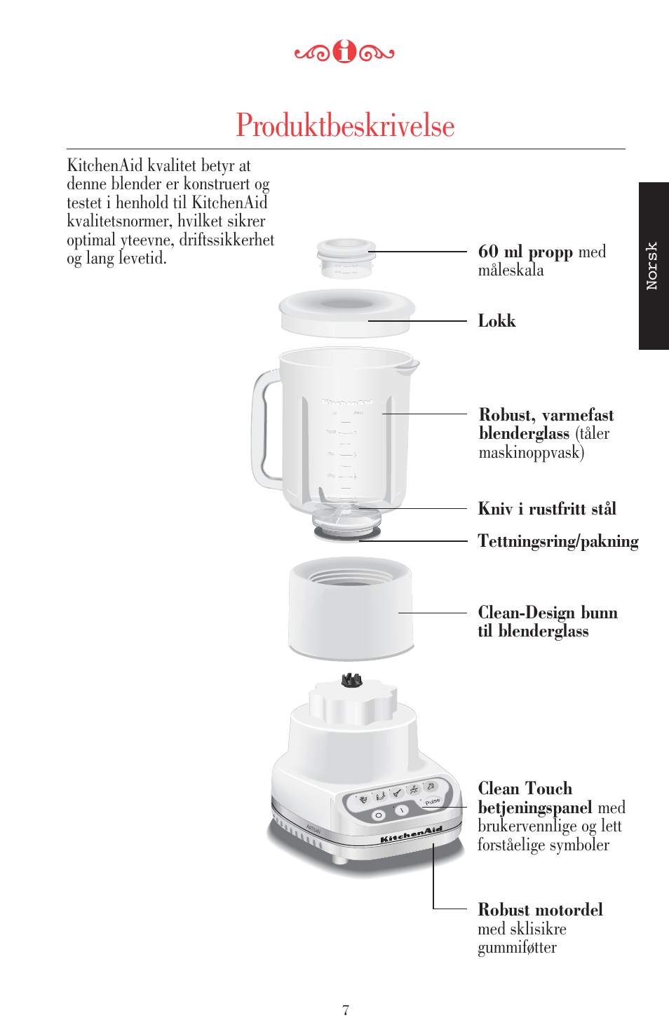 Produktbeskrivelse, Norsk | KITCHENAID ULTRA POWER 5KSB52XXXX User Manual | Page 156 / 255