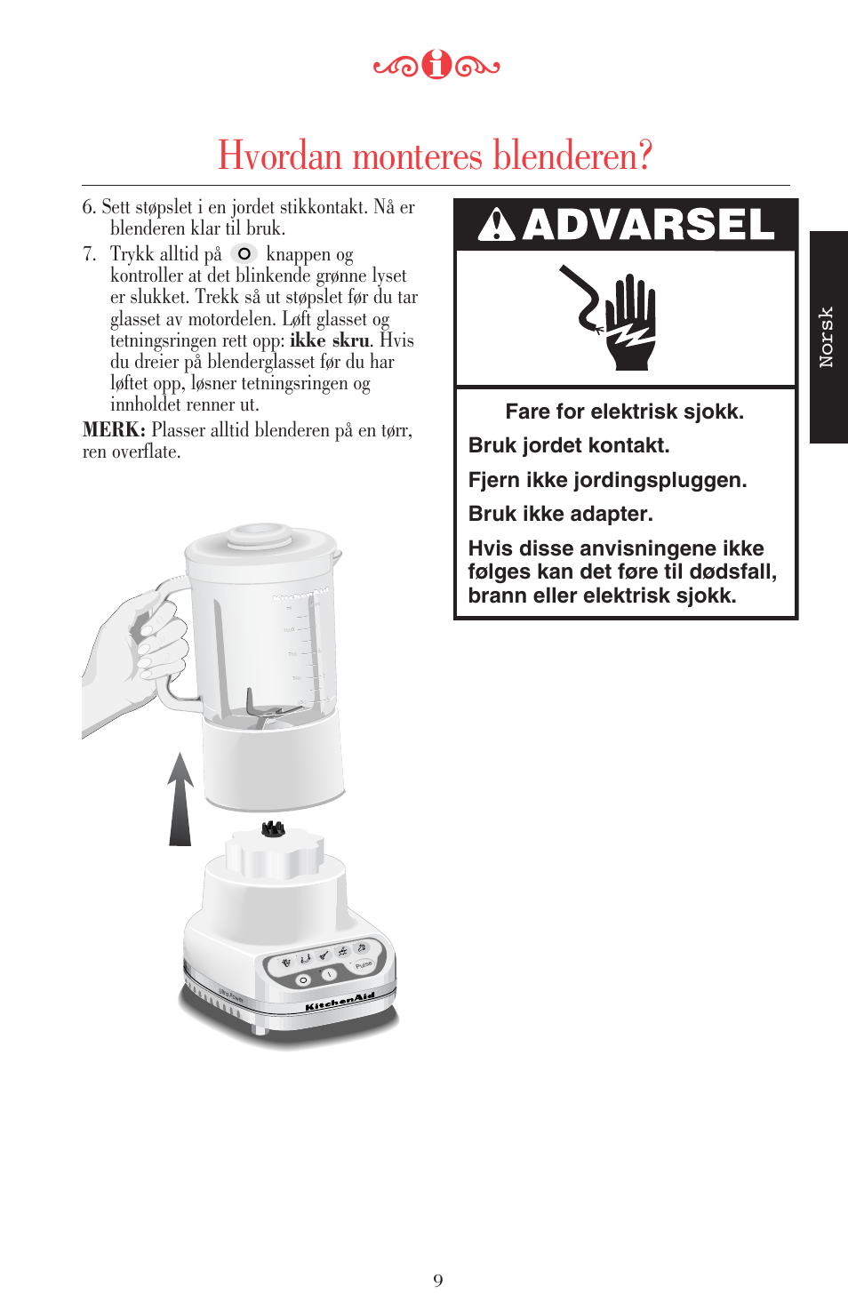 Hvordan monteres blenderen, Norsk | KITCHENAID ULTRA POWER 5KSB52XXXX User Manual | Page 158 / 255