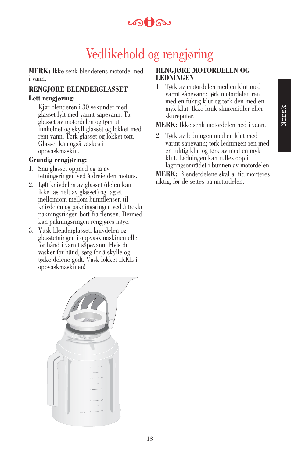 Vedlikehold og rengjøring, Norsk | KITCHENAID ULTRA POWER 5KSB52XXXX User Manual | Page 162 / 255