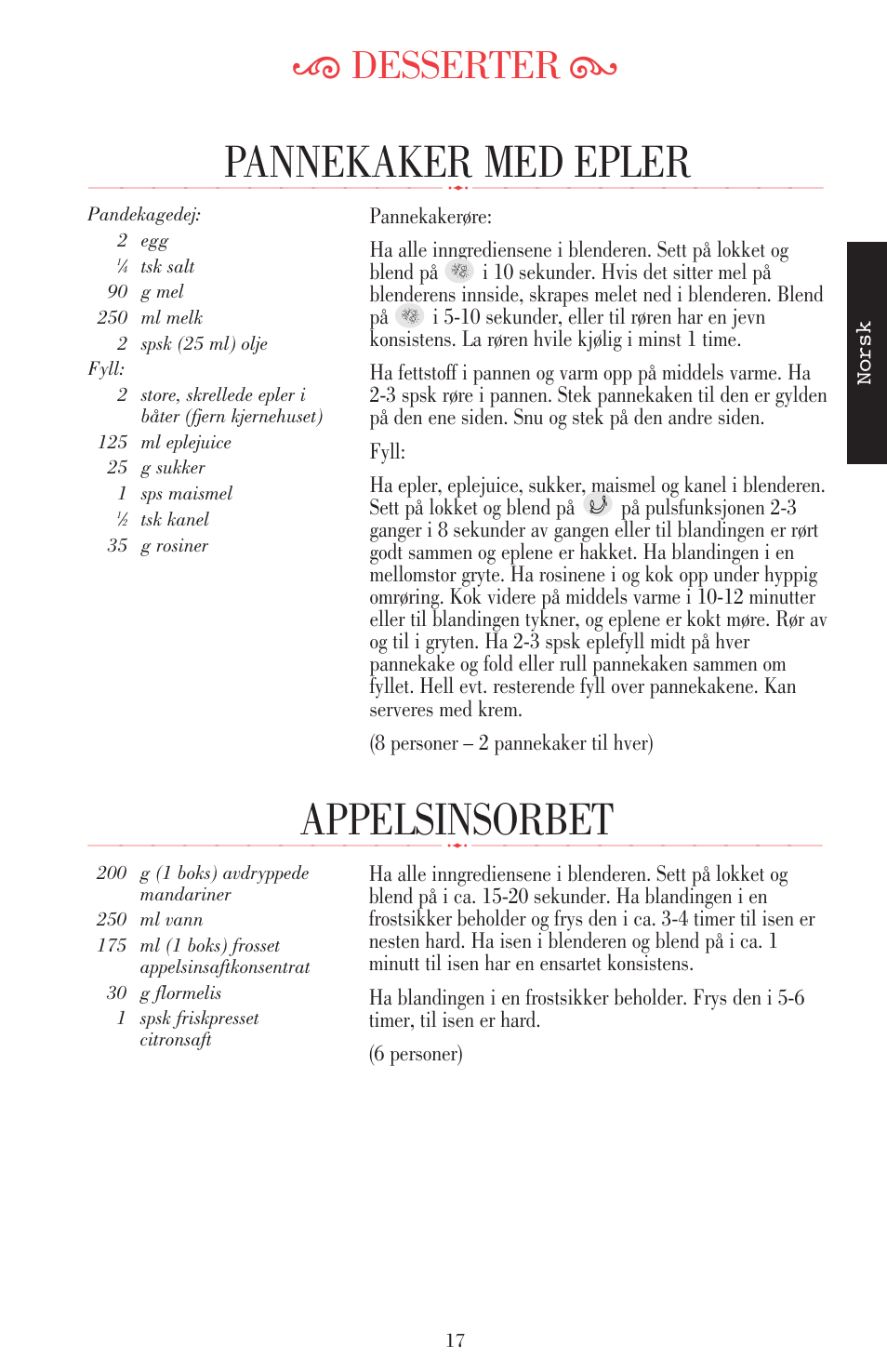 Appelsinsorbet, Pannekaker med epler, Ķ desserter ĸ | KITCHENAID ULTRA POWER 5KSB52XXXX User Manual | Page 166 / 255