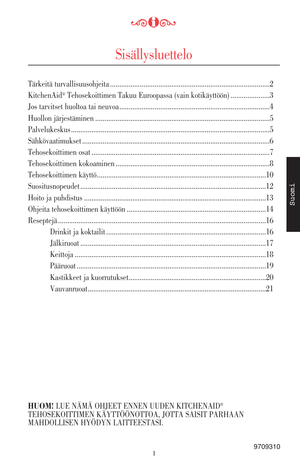 Sisällysluettelo | KITCHENAID ULTRA POWER 5KSB52XXXX User Manual | Page 171 / 255