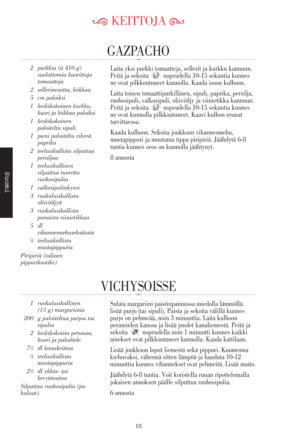 Vichysoisse, Gazpacho, Ķ keittoja ĸ | KITCHENAID ULTRA POWER 5KSB52XXXX User Manual | Page 188 / 255