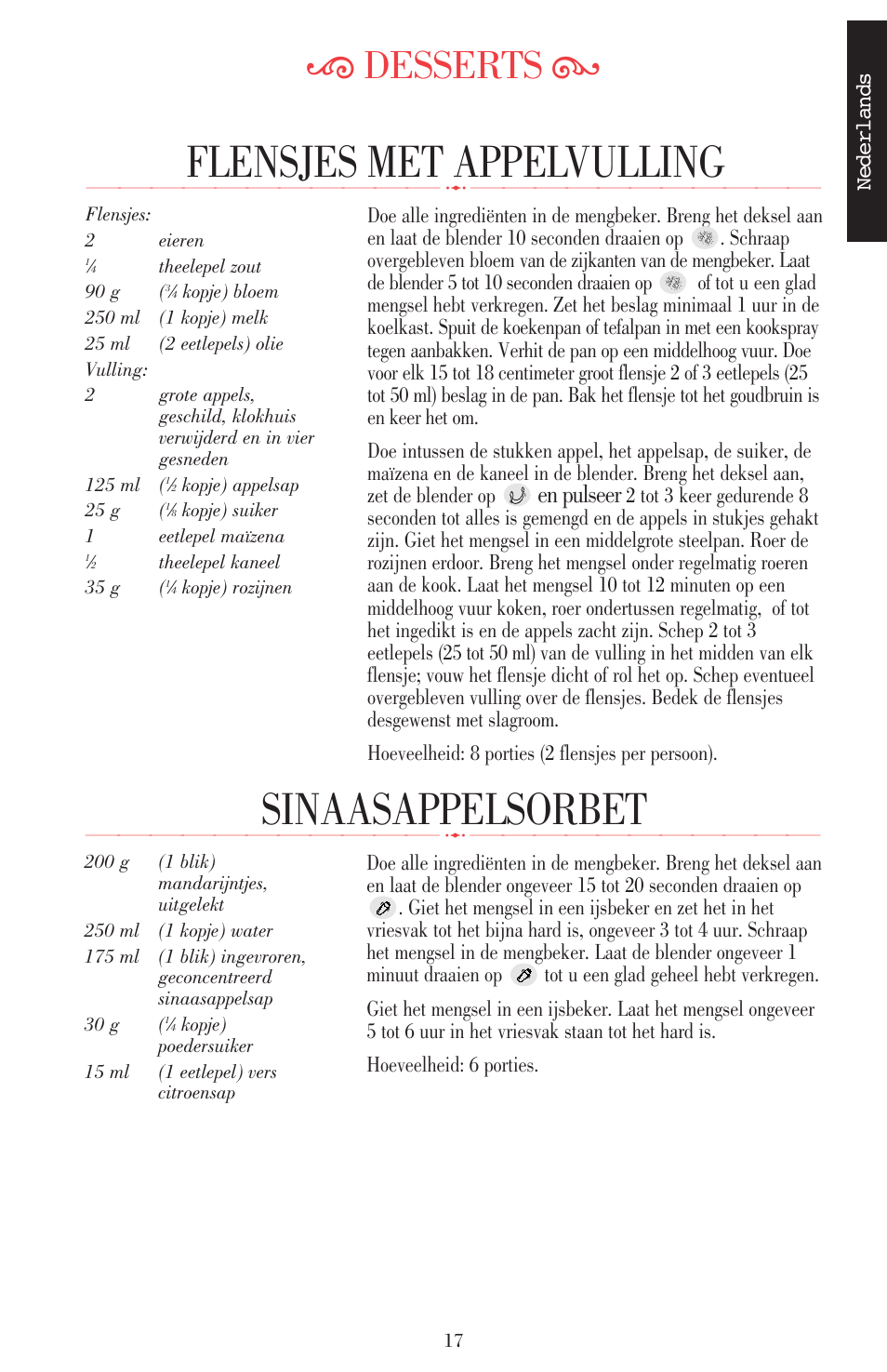 Sinaasappelsorbet, Flensjes met appelvulling, Ķ desserts ĸ | En pulseer | KITCHENAID ULTRA POWER 5KSB52XXXX User Manual | Page 19 / 255