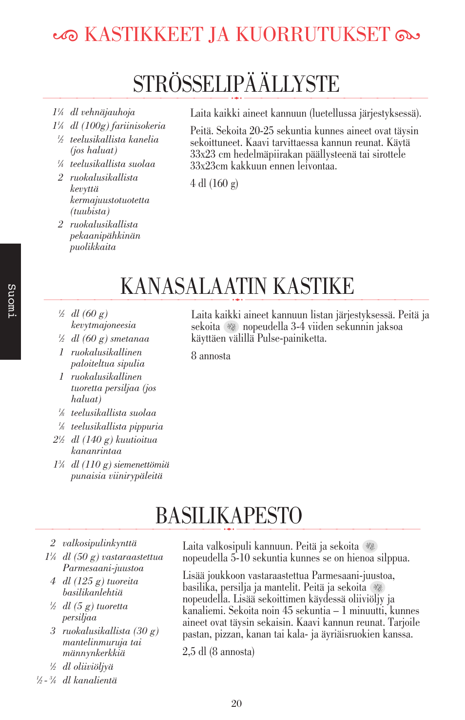 Kanasalaatin kastike, Strösselipäällyste, Basilikapesto | Ķ kastikkeet ja kuorrutukset ĸ, Suomi | KITCHENAID ULTRA POWER 5KSB52XXXX User Manual | Page 190 / 255