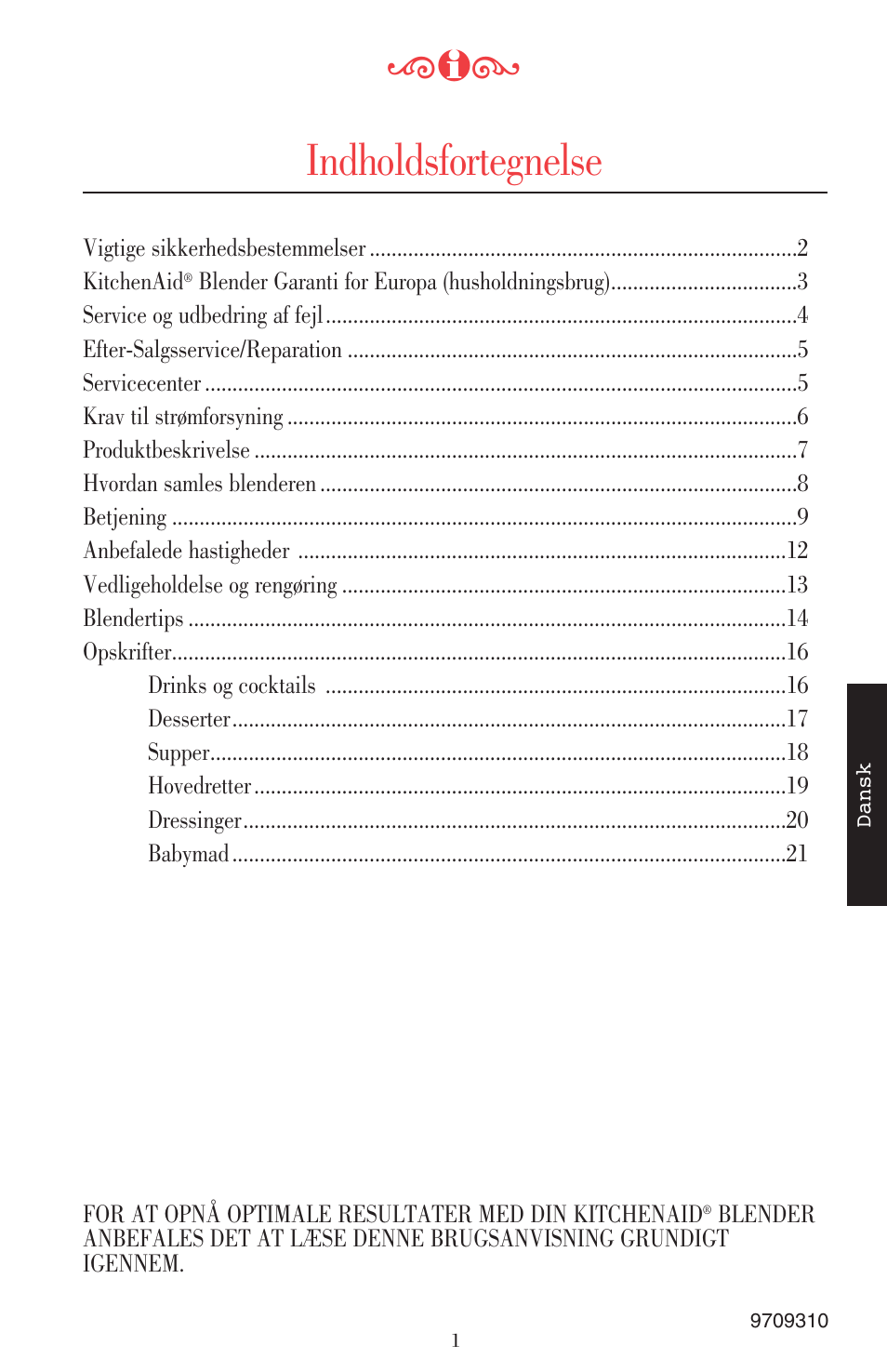 Indholdsfortegnelse | KITCHENAID ULTRA POWER 5KSB52XXXX User Manual | Page 192 / 255